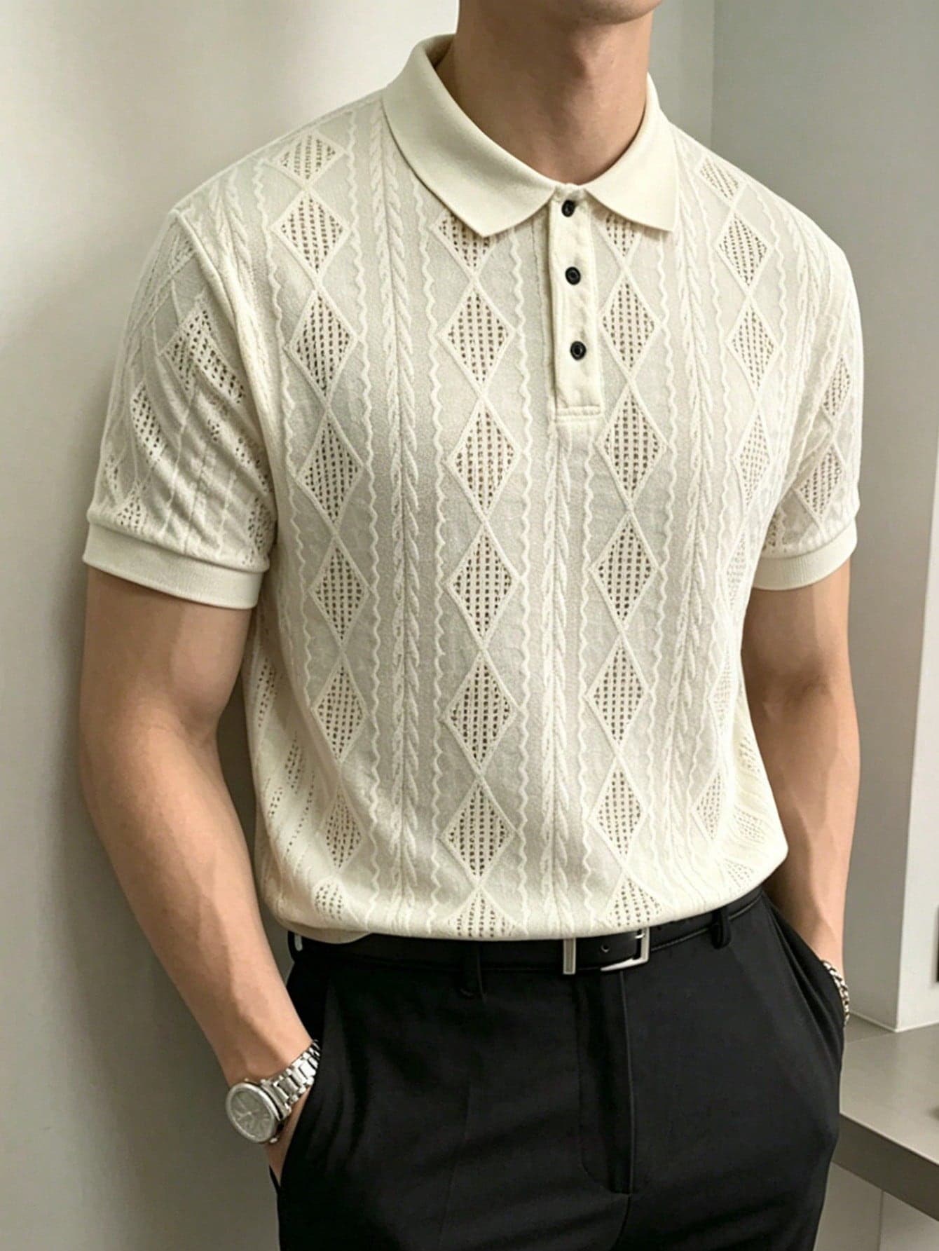 JOLTRO Men's Textured Half Button Short Sleeve Polo Shirt , Summer Casual, Commuter Office Holiday , Breathable Fabric Classic Collar Wear For Dates, Formal