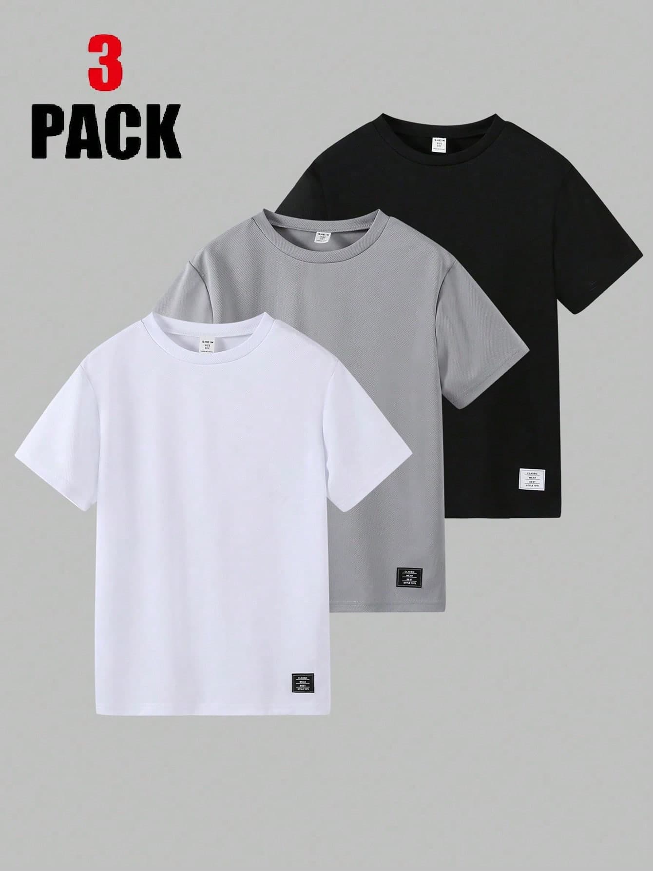 SHEIN Vacaura 3pcs/Set Tween Boy Crewneck T-Shirt With Applique Decoration, Short Sleeve Top, Spring/Summer, School, Campus, College Summer Holiday