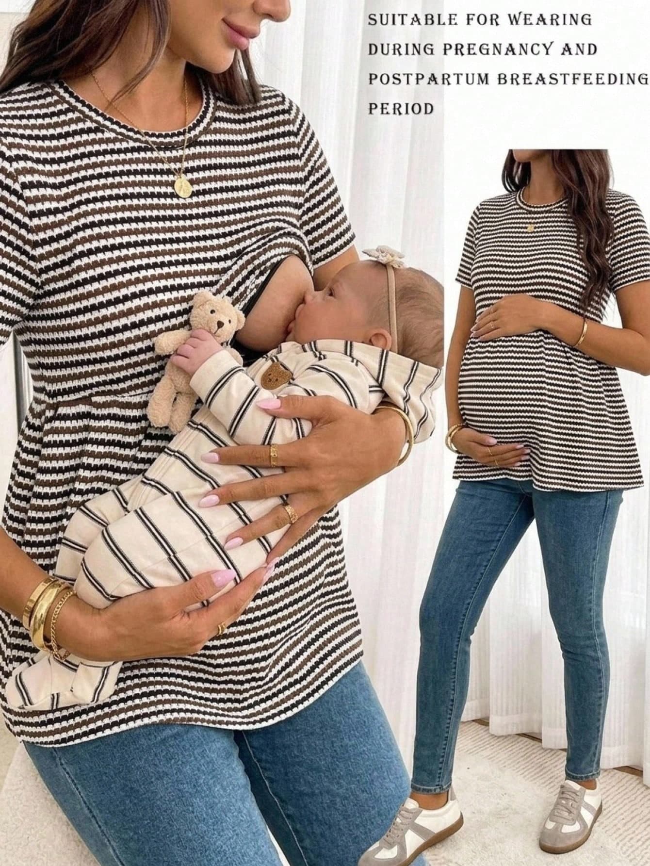SHEIN Summer Outfit, Christening Outfits,Brown Top,Maternity Nursing Striped Round Neck Short Sleeve Casual T-Shirt Baby Shower Coming Home Nursing