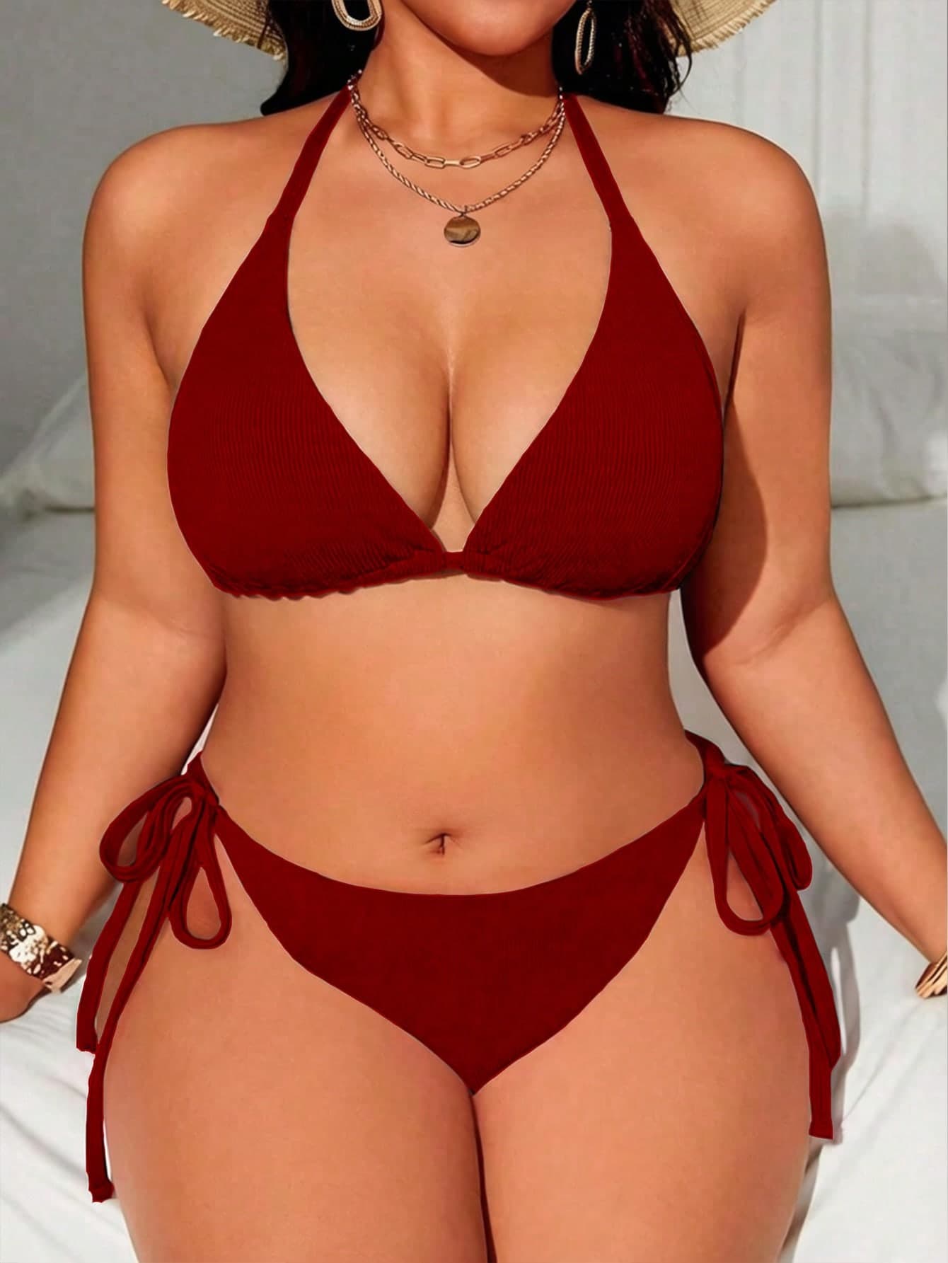 Swim Lushoire Plus Size Women's Summer Beach Solid Color Halter Tie Sexy Bikini And Triangle Panty Swimwear Set