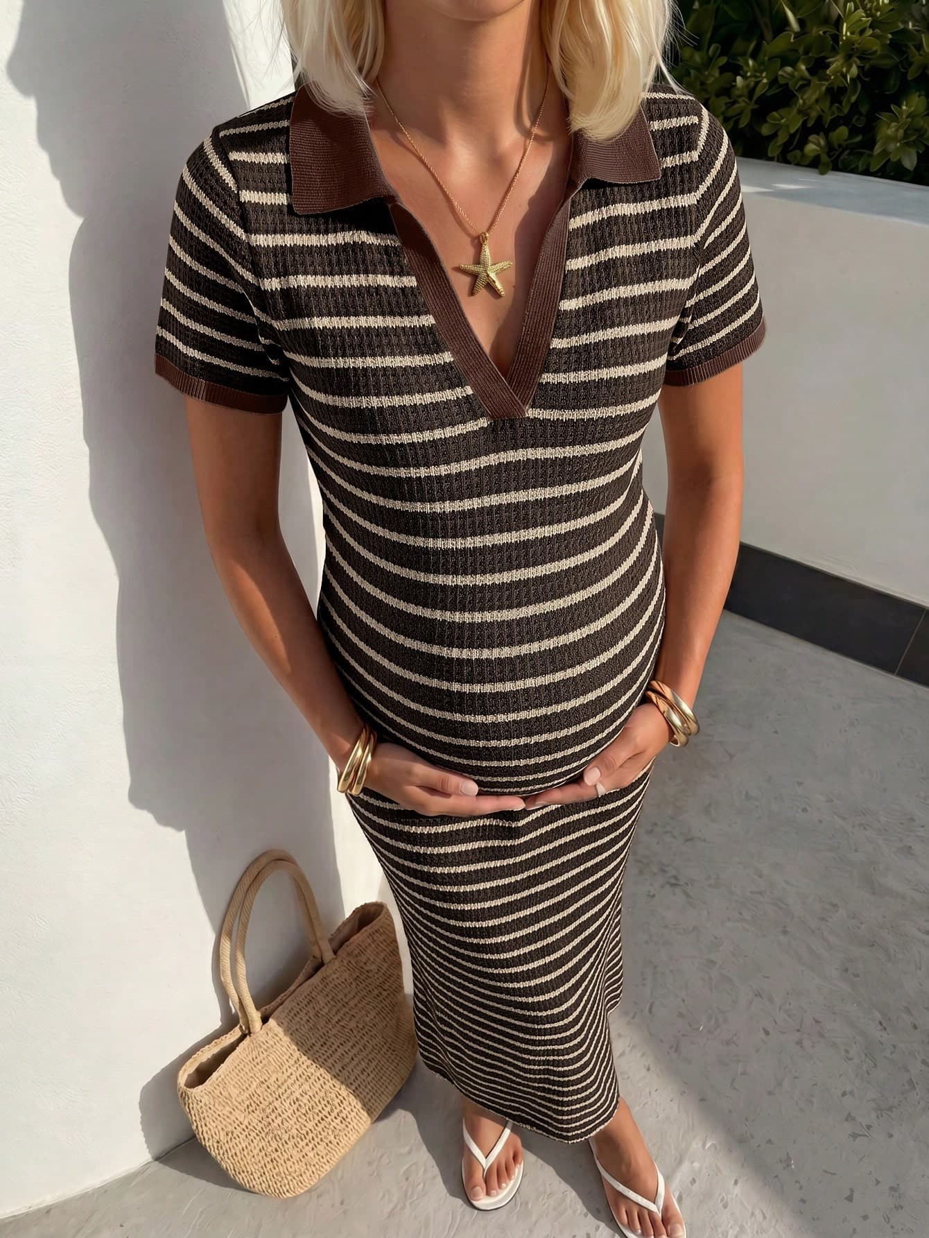 SHEIN Maternity Striped Lapel Short Sleeve Casual Dress