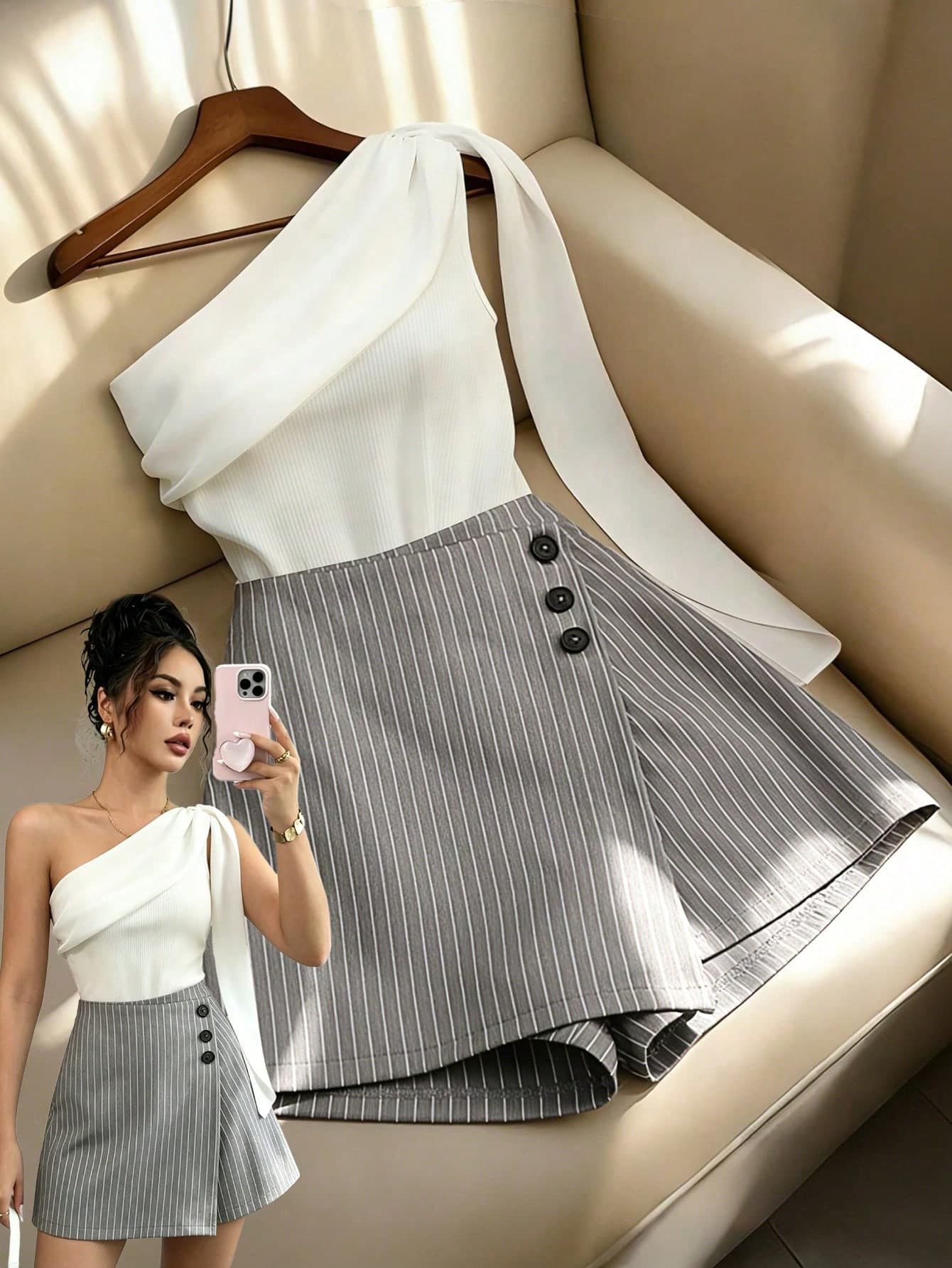 Franclia Women's White One-Shoulder Knit Top & Gray Striped Culottes Set,Elegant Summer Brunch Blue And White Stripe Two Pieces Outfit For Office And Holiday