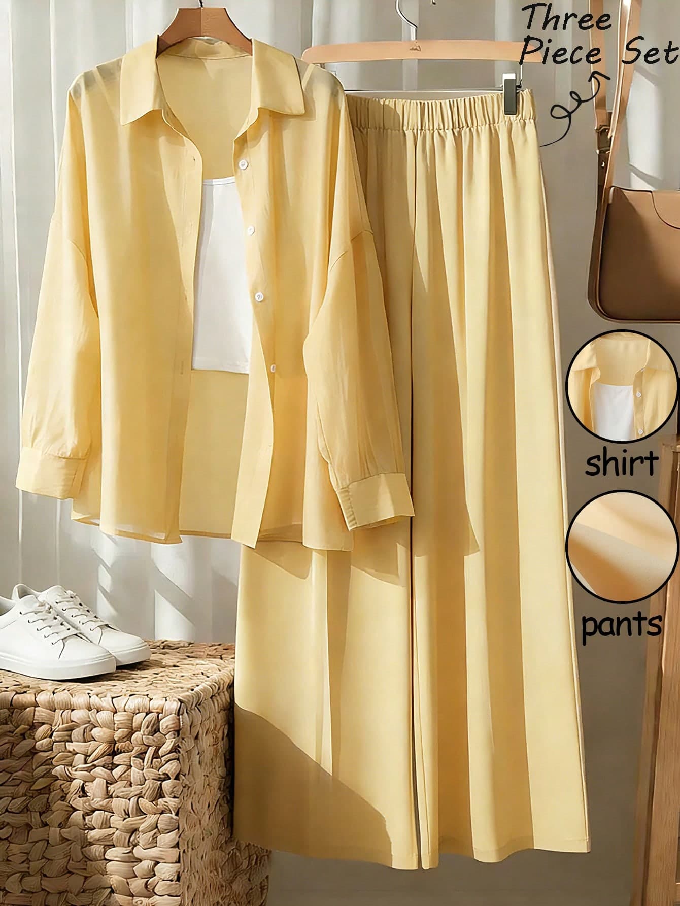 Franclia White And Yellow Summer Casual Vacation Women's Two-Piece Outfit,Collared Button Front Blouse,Drop Shoulder 3/4 Sleeves And Long Plain Skirt Set