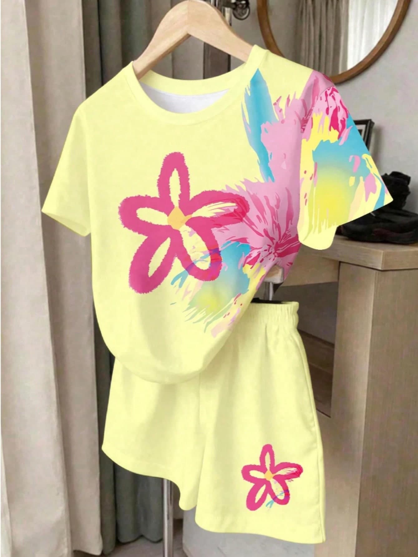 Teen Girls Summer Graffiti Floral Print Pale Yellow Base Short Sleeve T-Shirt & Shorts Casual Sports 2-Piece Set