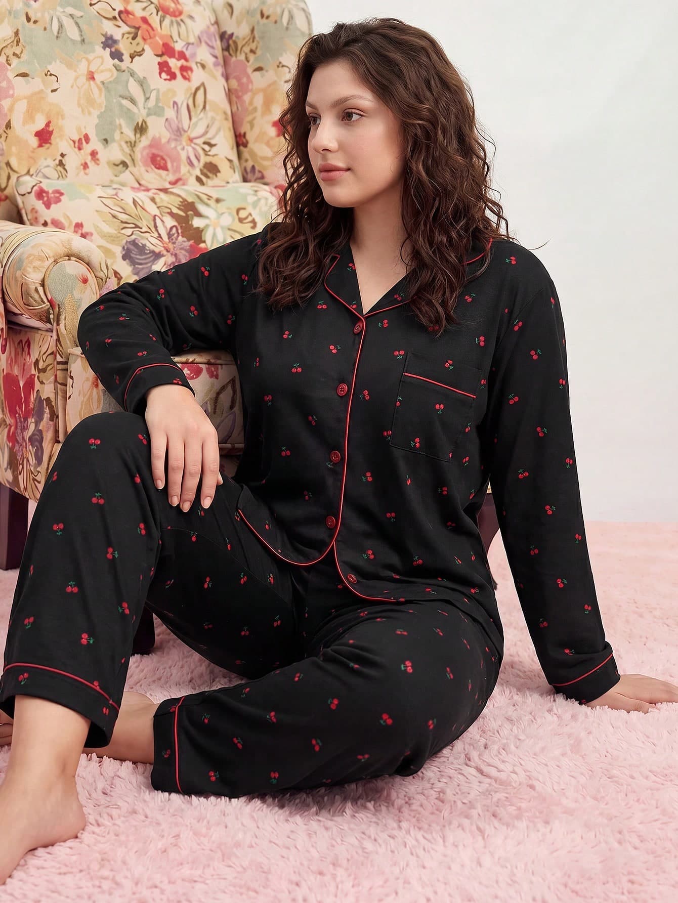 Elorette Plus Size Comfortable Casual Allover Cherry Print Top And Pants Pajama Set, Outfits  Cozy And Elegant Details, Fall Winter Clothes