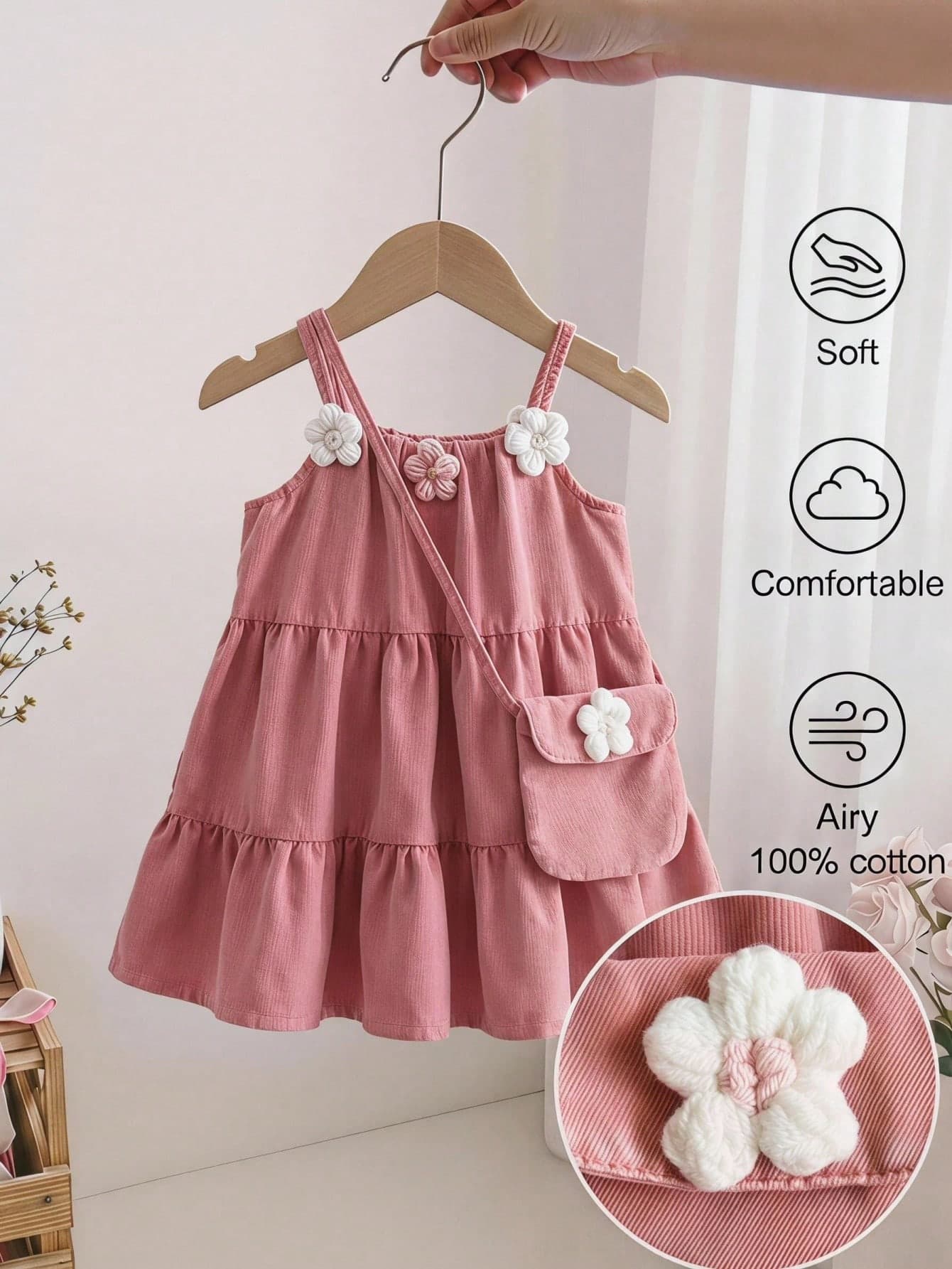 SHEIN Baby Girl Fashion Casual 3D Flower Decor Denim Sleeveless Dress And Bag, Suitable For Spring/Summer, Indoor, Outdoor, Travel, Vacation, Beach, Daily Wear