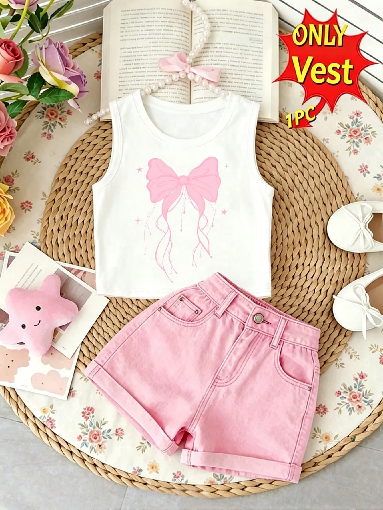 Summer Outfit Spring Summer Autumn Girls Casual Fashion Creative Personalized Refreshing Fresh Pink Bow Pattern Print Casual Style Basic Tank Top Comfortable Daily Wear Tops