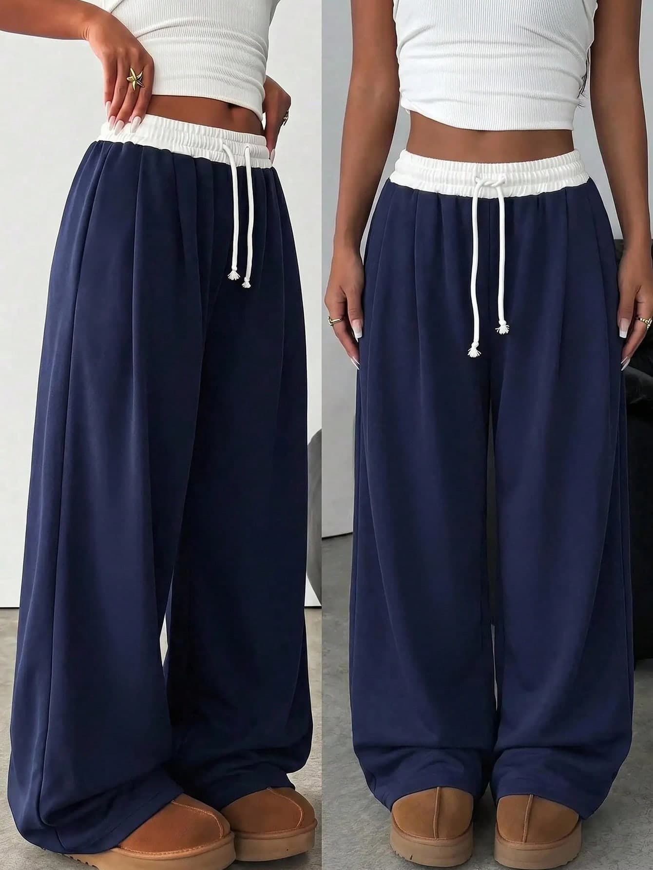 SHEIN Teen Girls' Contrast Color Navy Sweatpants, Knit Loose Casual Drawstring Pocket Wide Leg Sweatpants