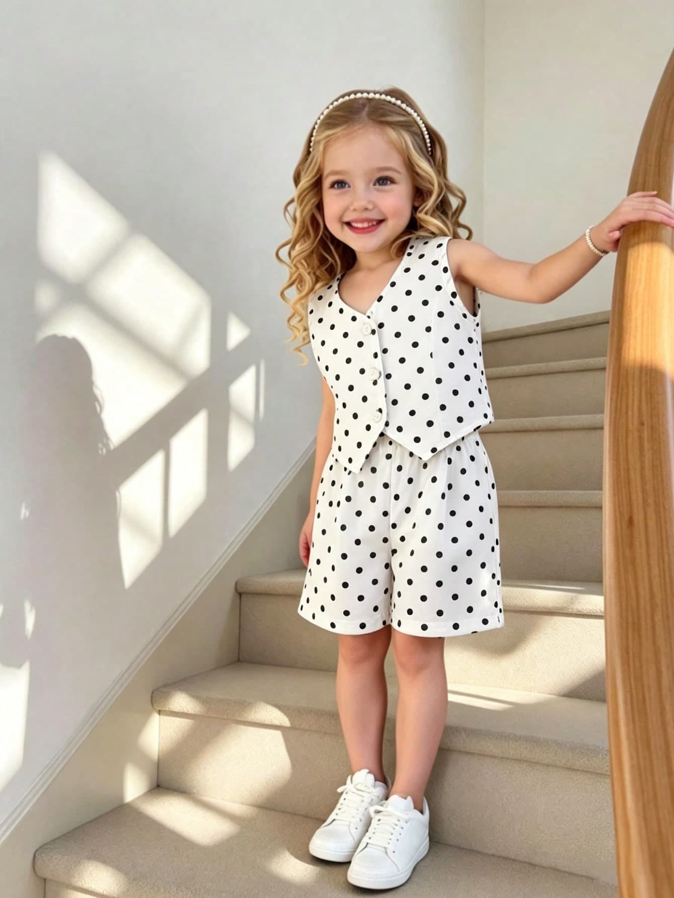 SHEIN Playful Pals Children's Polka Dot Sleeveless Set, Exquisite & Fashionable Vest + Shorts, Simple & Versatile, Suitable For Spring/Summer Family Gatherings And Outings