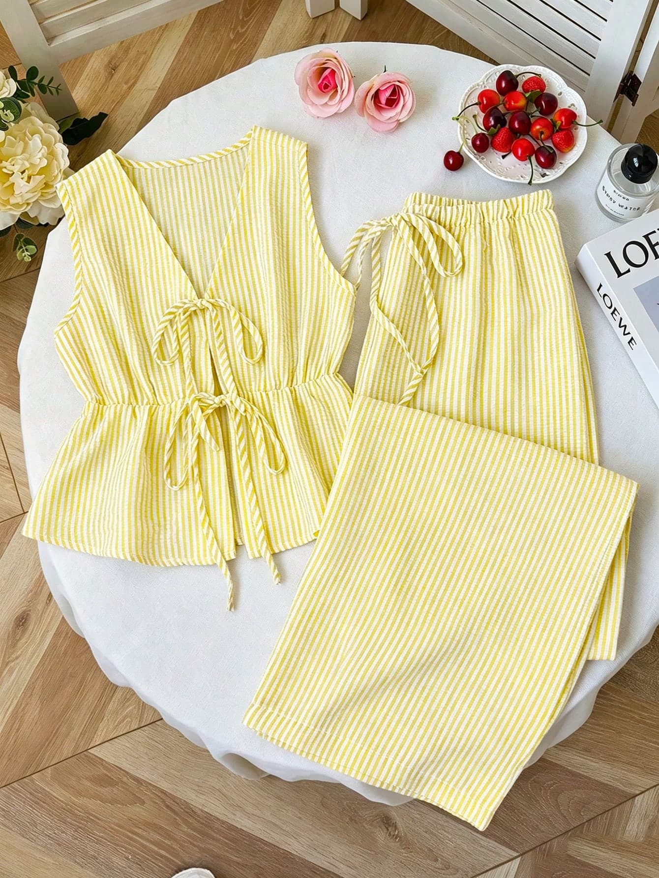 Elamini Tall Spring/Summer V-Neck Tie-Front Sleeveless Waist-Cinching Top And Wide-Leg Pants Set, Casual Striped Puff Sleeve Commuter 2-Piece Outfit For Tall Women