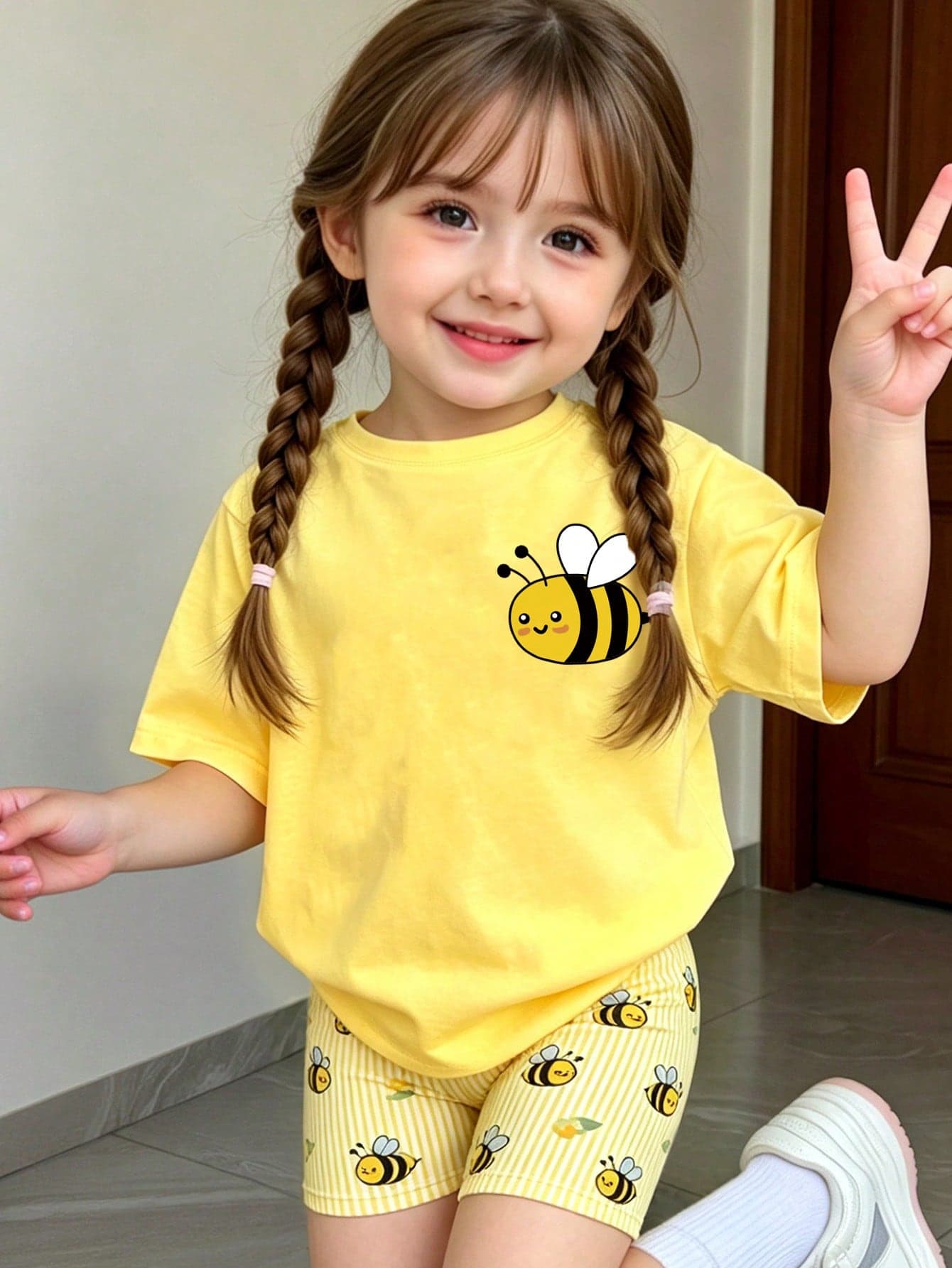 Toddler Girls' Pastel Yellow Summer Casual Cute Cartoon Bee Print T-Shirt & Bike Shorts Set,Soft Flower Pattern Athleisure Wear For Daily Work Home