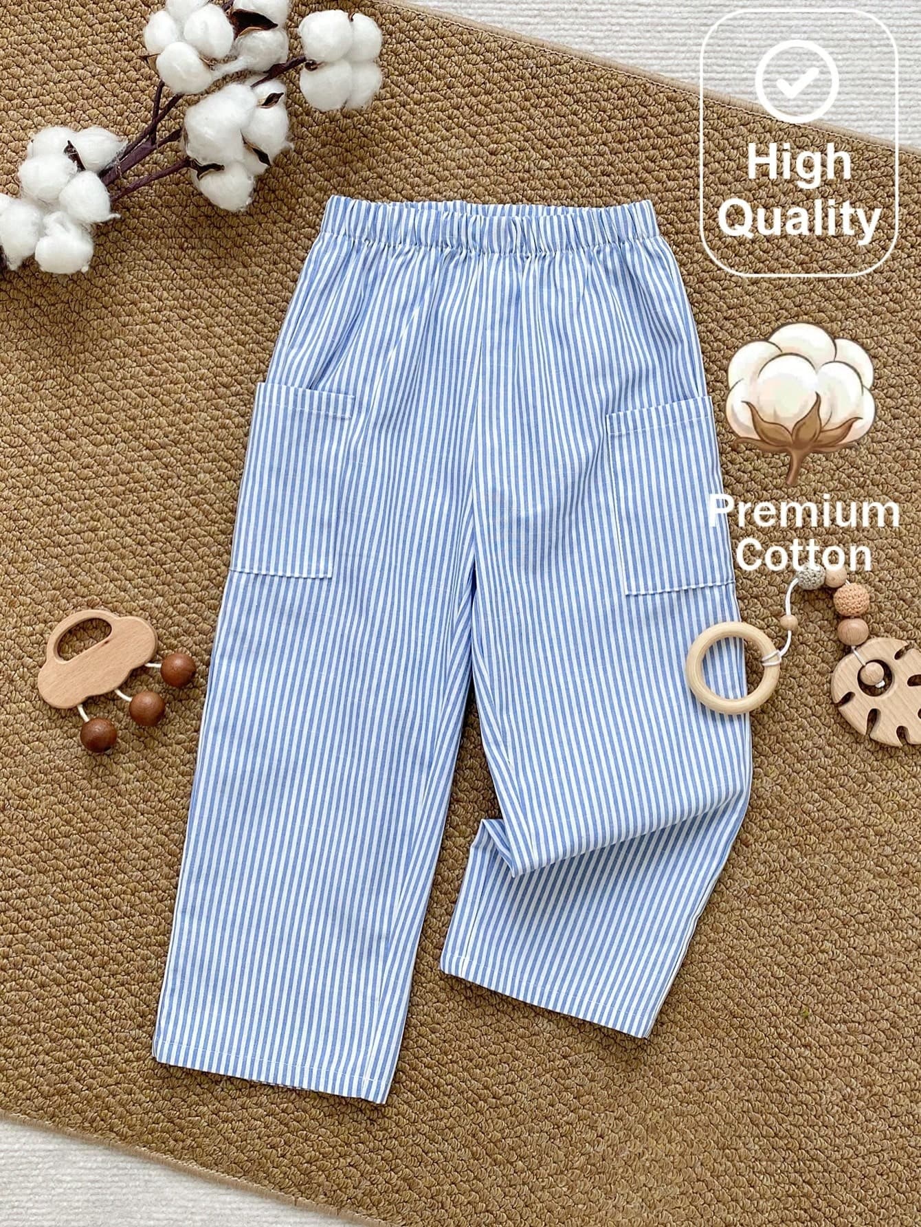 PrepCrw 1 Pc Kids Young Boys Elegant Academic Casual Exquisite Comfortable All-Match Versatile Blue And White Striped Long Pants Suitable For Back To School, Outings, Casual Activities, Gatherings, Autumn, Winter