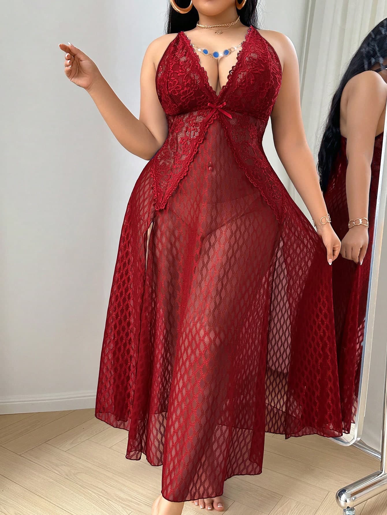 Slumberist Jeweled Neckline Diamond Mesh Sheer Sexy Plus Size Women's Cami Nightgown