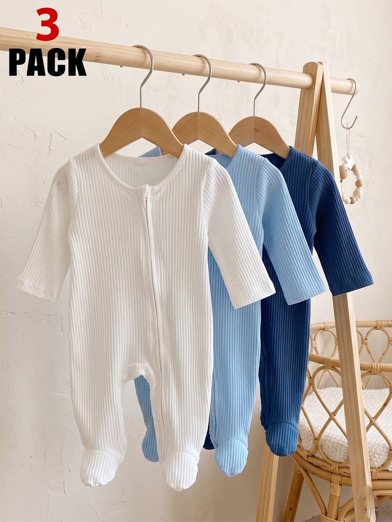 3pcs Newborn Cotton Long Sleeve Footed Romper Knit Comfortable Soft Ribbed White & Light Blue & Blue Loungewear, Home Wear, Best Choice, Versatile Fashion, Best Gift For Newborns