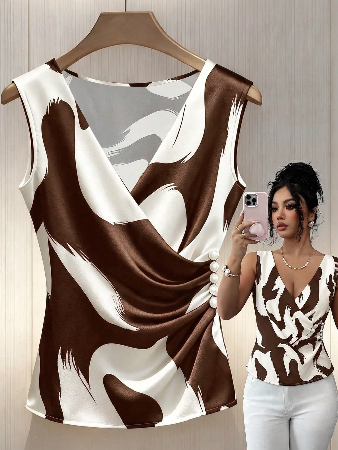 GlowEve CURVE Women's Black And White Abstract Art Graffiti Print V-Neck Side Ruched Pearl Decor Charming Elegant Daily Commute French Lazy Fashion Street Retro Versatile Business Holiday Black And White Sleeveless Early Spring/Spring Summer New Blouse/Shirt