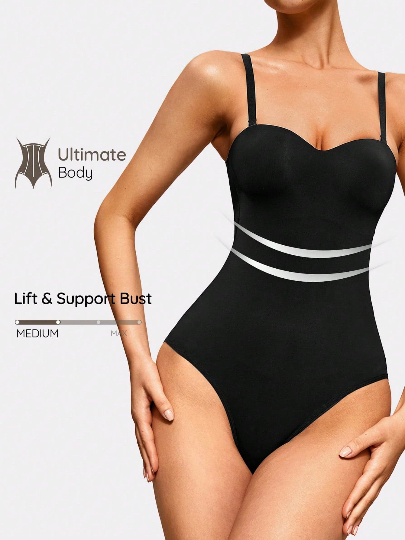 SHAPORA Women Black Backless Knitted Casual Comfy Slight Stretch Long Bodysuit Tummy Control Body Shaper