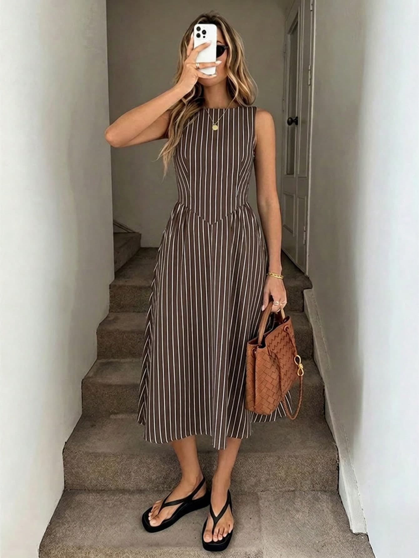 SHEIN LUNE Round Neck Sleeveless Cinched Waist Fitted Ruched Large A-Line Umbrella Skirt Brown Striped Striped Fabric Casual Elegant Vacation Midi Dress Summer