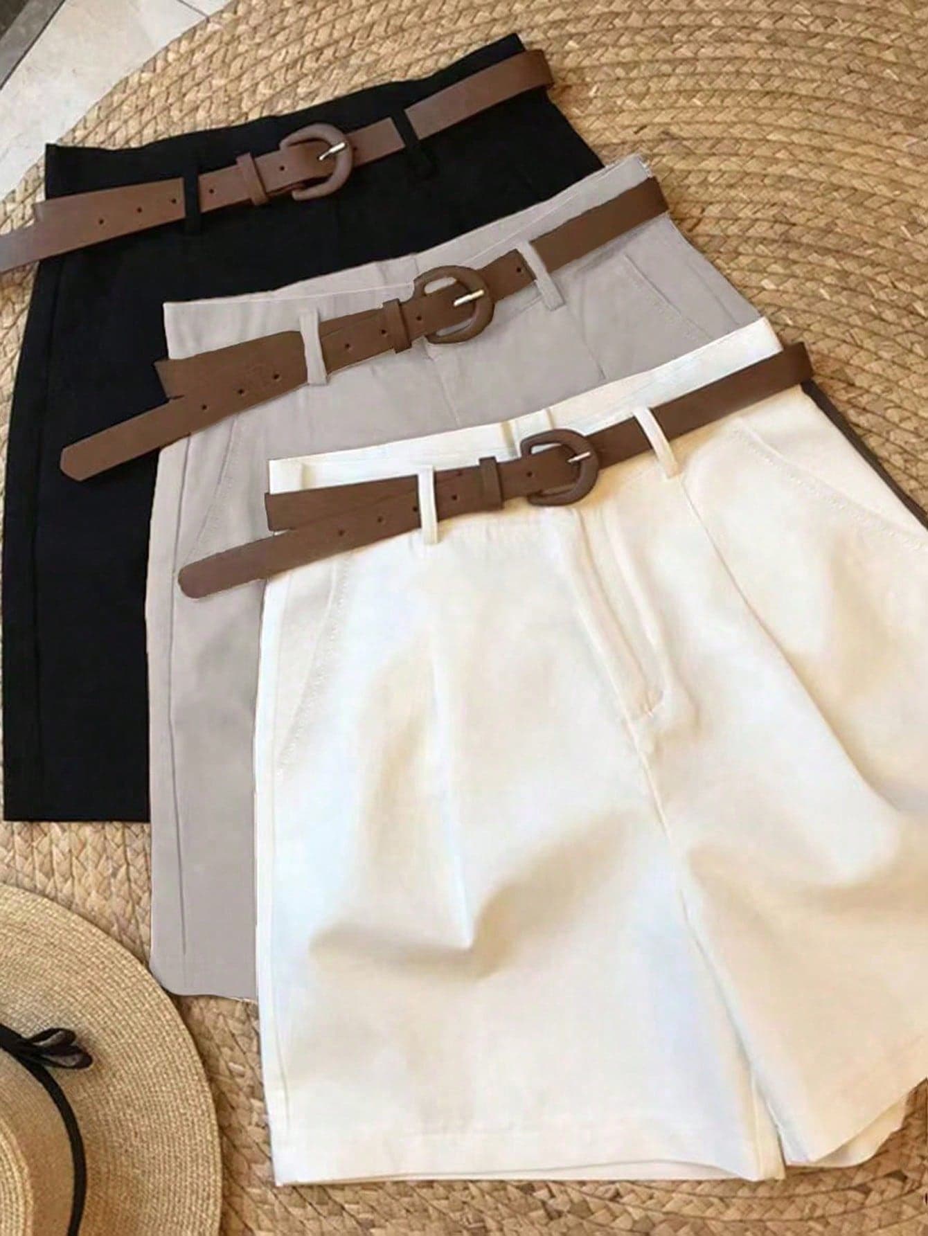 Women's Black & White Plaid Casual/Business 3 PiecesShorts Set (Belt Not Included)