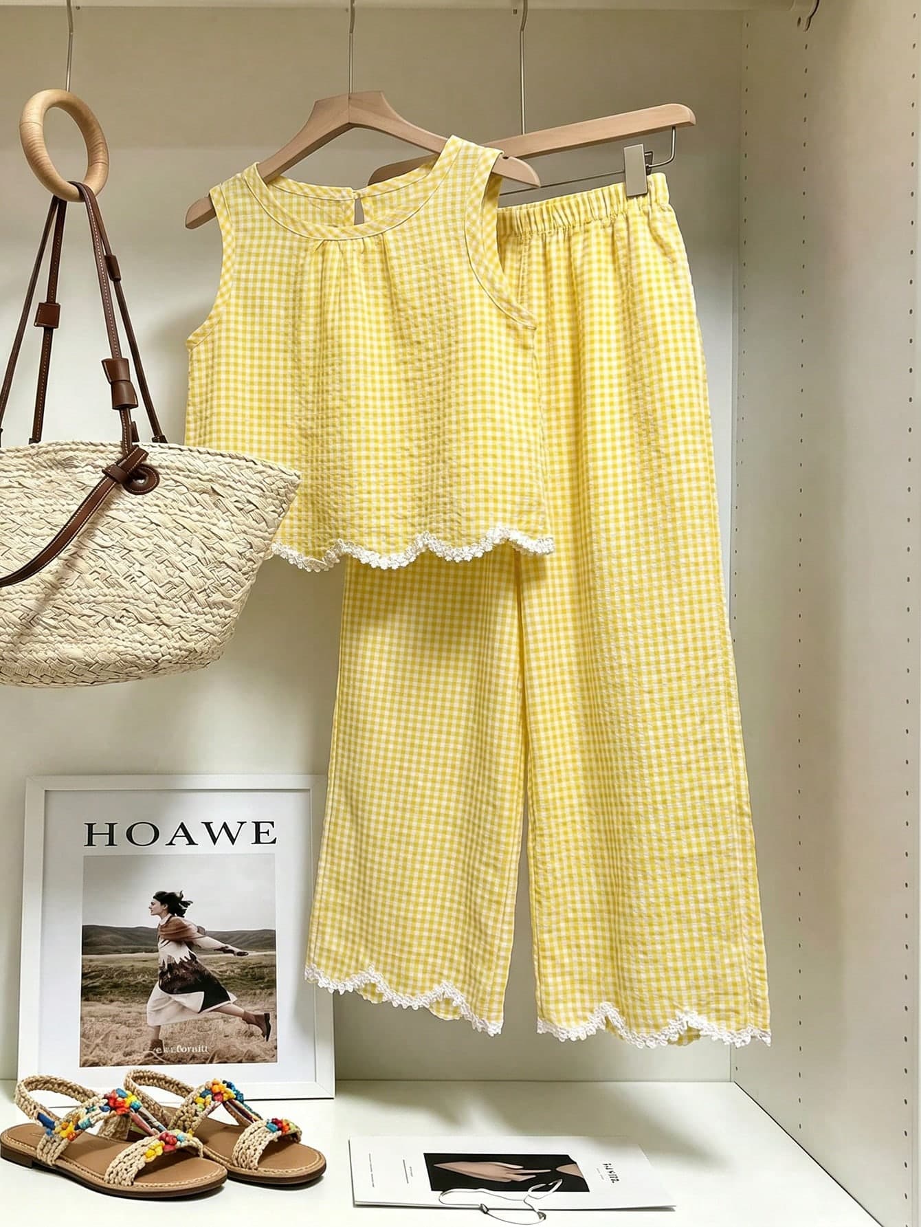 SHEIN Elladie kids Young Girl Yellow & White Plaid Round Neck Sleeveless Top And Long Pants Set