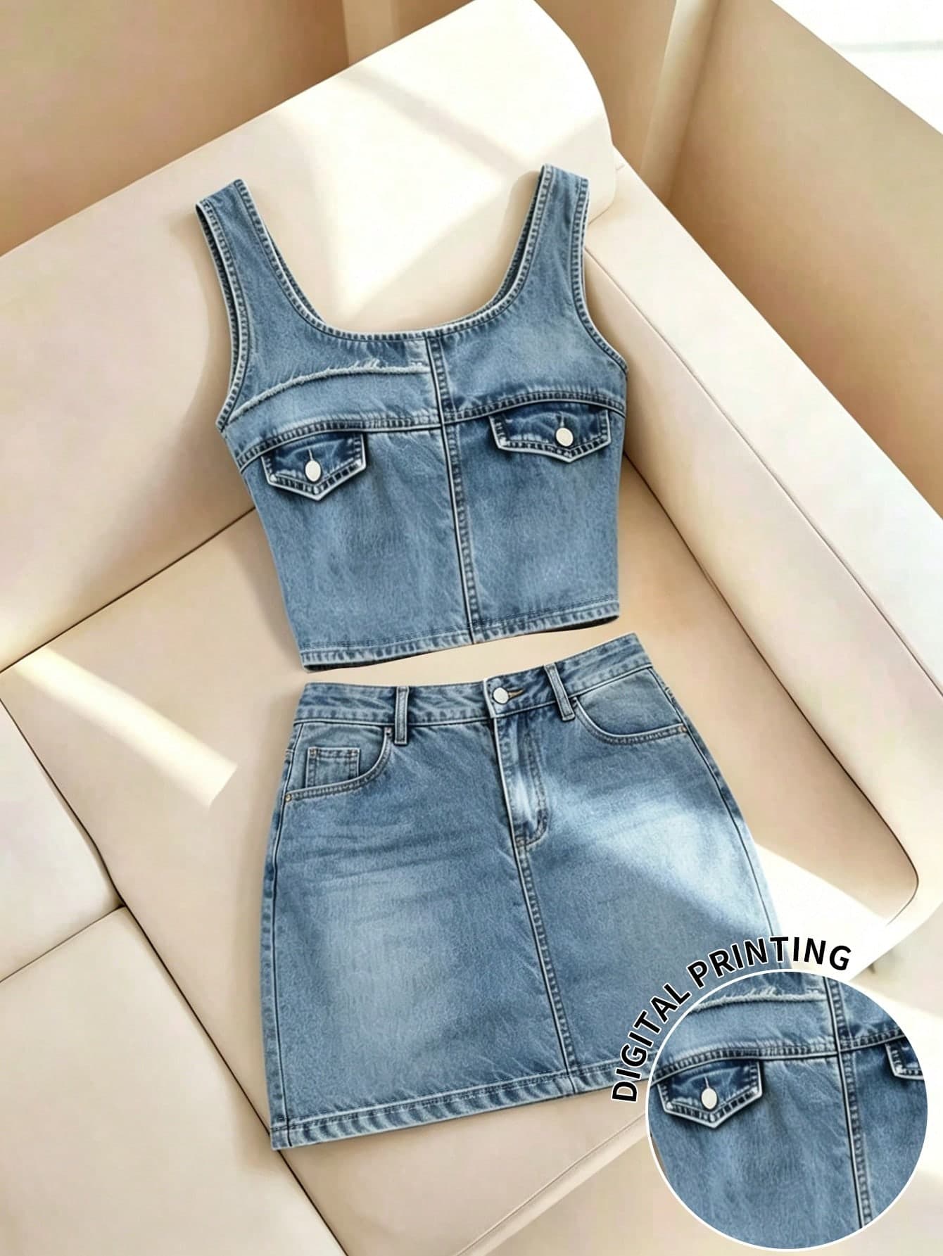 Resyla Women's 2026 World Cup Back To School Versatile Everyday Vacation Party Club Date Night Blue Twill Vest Top And Mini Skirt Set 2026 Outfit