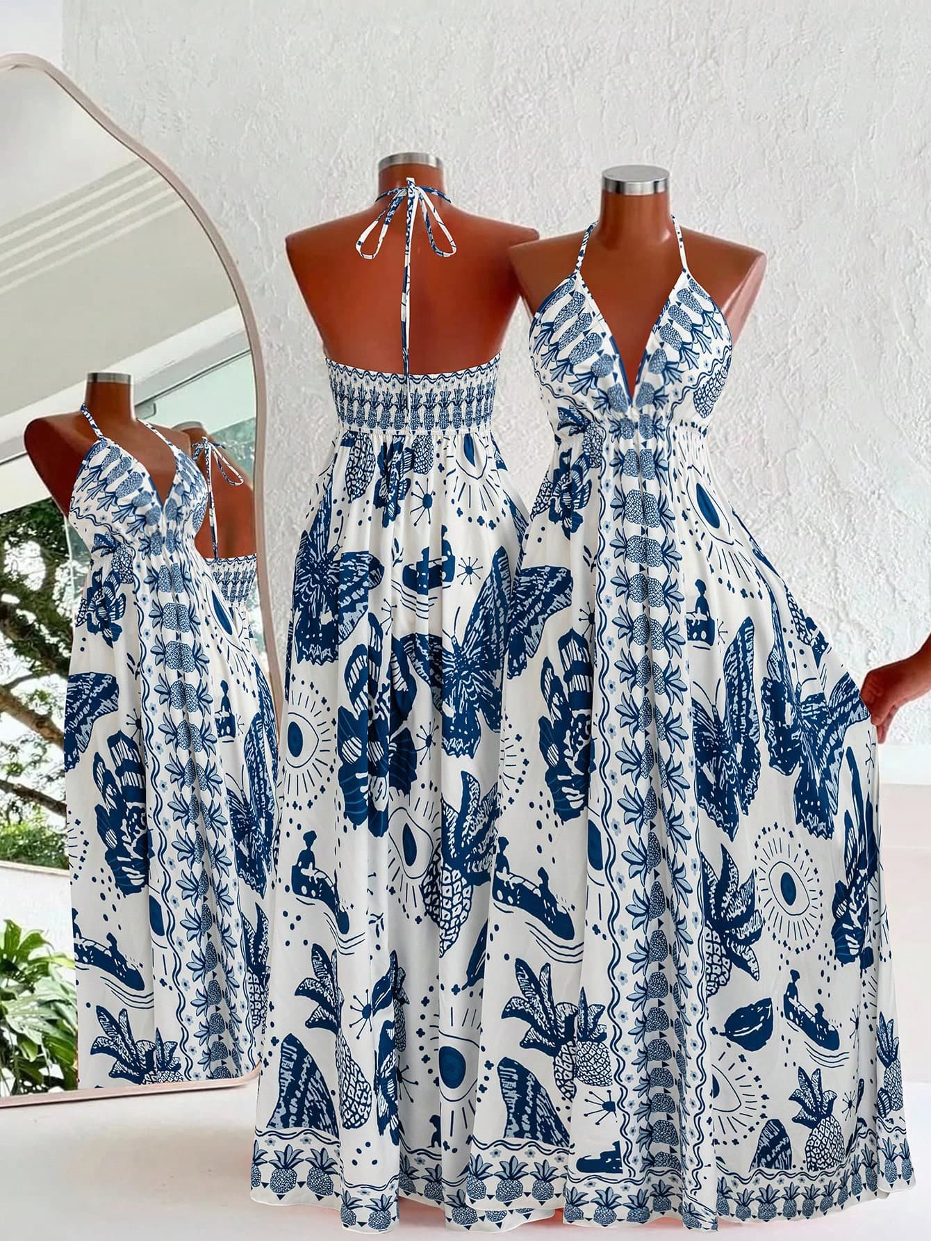 Flirla Plus Size Plant Print Halter Neck Dress, Summer Holiday Style