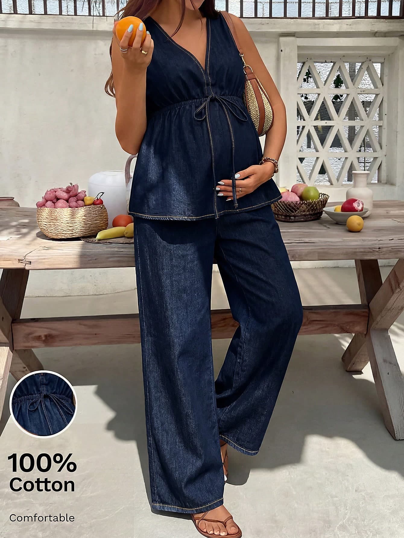 SHEIN Maternity Denim Two Pieces Outfits,100% Cotton Navy Blue Summer Jumpsuit,V Neck Sleeveless Wide Leg Overalls,Smart Casual Holiday Streetwear Costume
