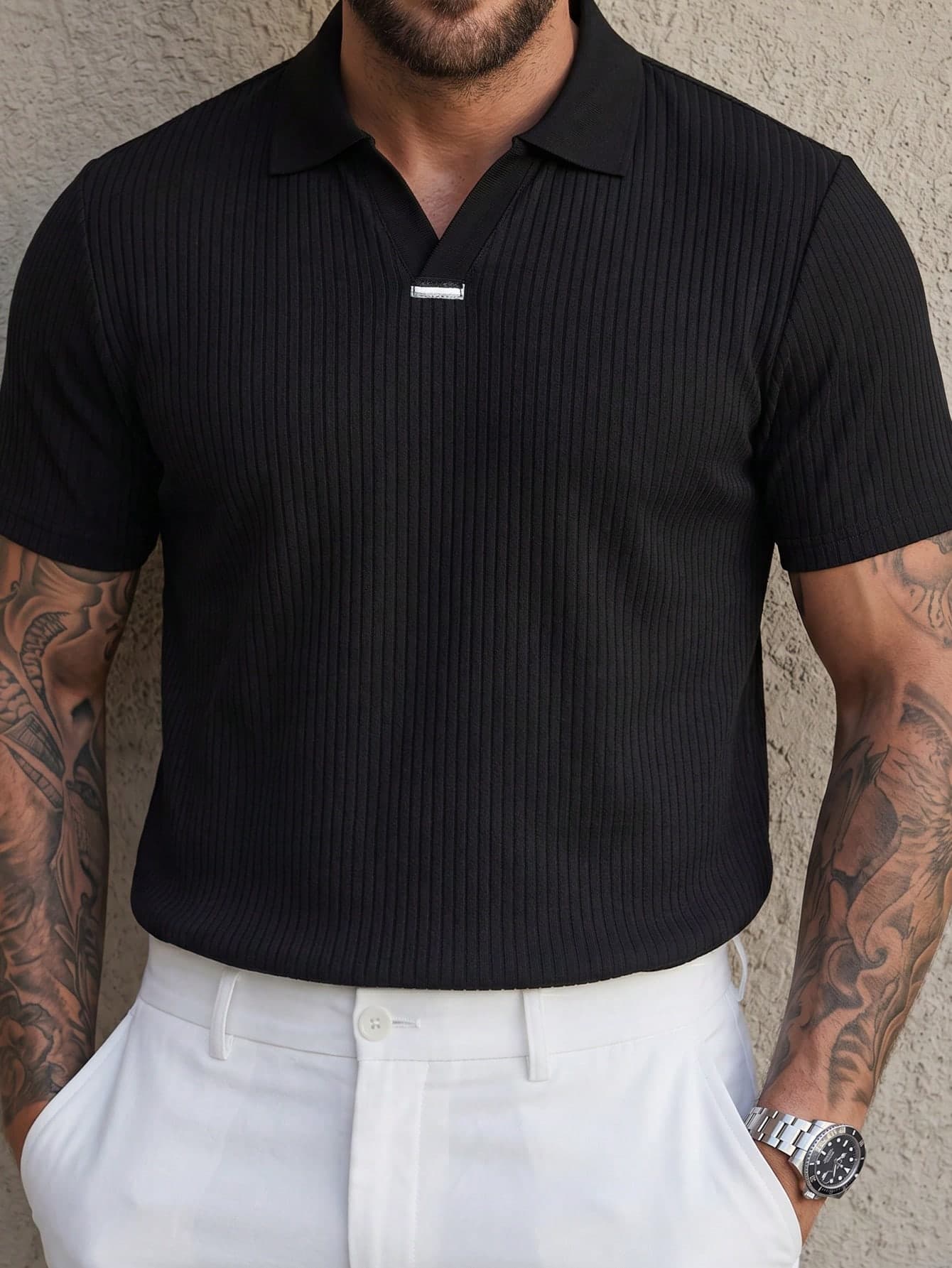 Manfinity CasualCool Men's Custom Textured Jacquard Collar Street Casual Short Sleeve Polo Shirt, Ceremony