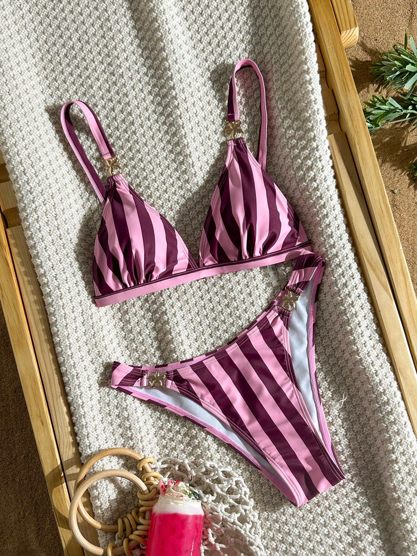 Swim Vcay 2026 Spring/Summer Pink Striped Thick Shoulder Strap Back Adjustable Side High Cut Bikini Triangle Bottom Women's Sweet Swimsuit 2-Piece Set