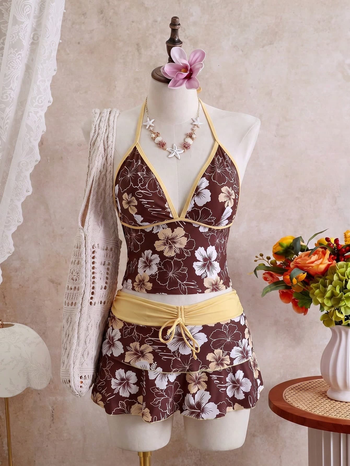 Swim Mod 2026 New Spring/Summer Plus Size Women's Rose Red Floral Print Halter Neck Top With Bikini Bottoms And Layered Skirt Casual Vacation Beach Party Swimsuit Set