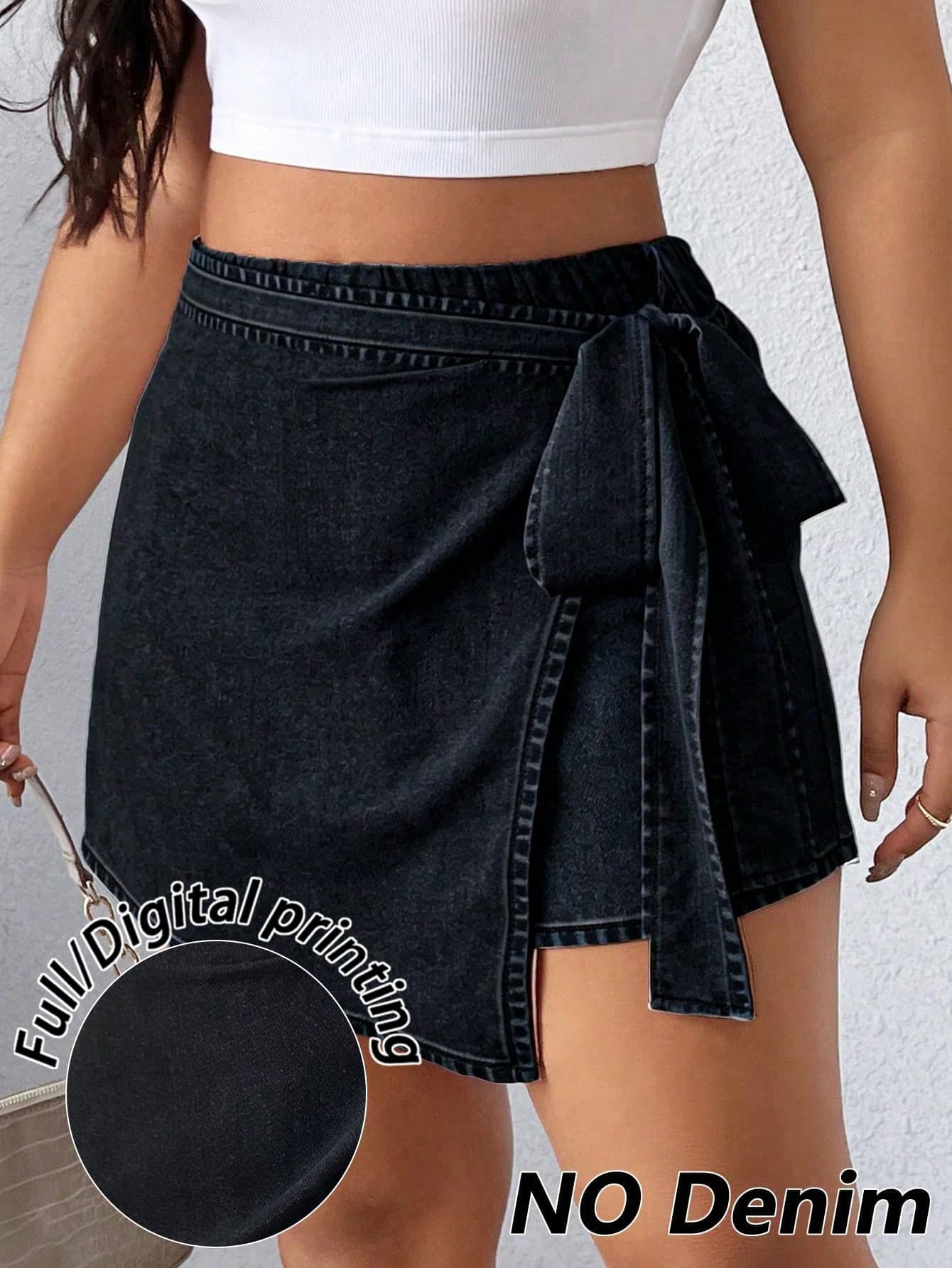 Elenzga Women's Plus Size New Fashion Elegant Daily High Waist Slimming Black Faux Denim Elastic Asymmetrical One-Piece Tie Design Hip-Covering Versatile Anti-Exposure Shorts