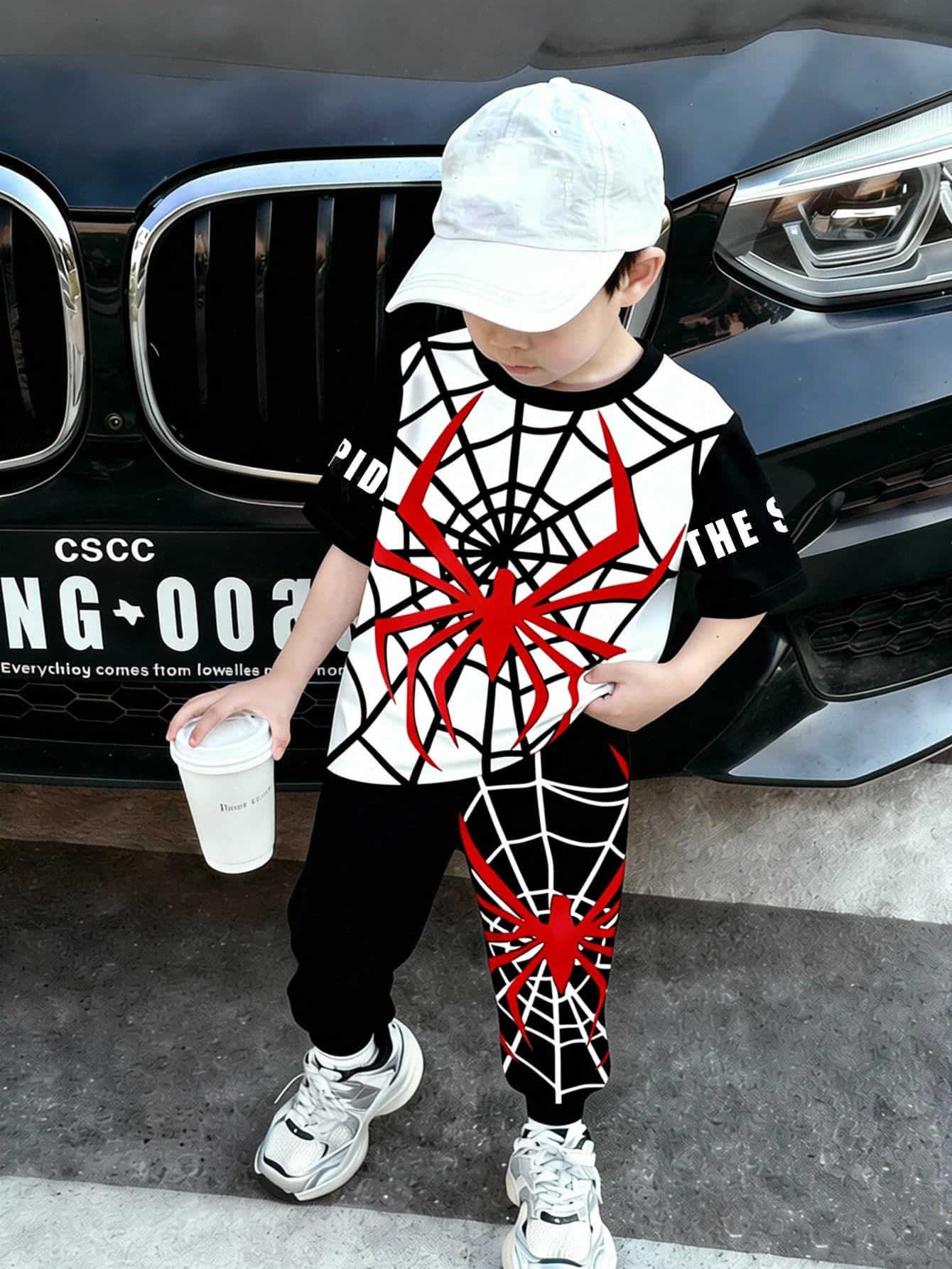 2pcs/Set Spider & Spider Web Digital Print Outfit, Fashionable & Comfortable Black & Red Round Neck T-Shirt And Black Pants, Boys Short Sleeve Top And Shorts Set, Suitable For All Seasons, Daily & Street Wear