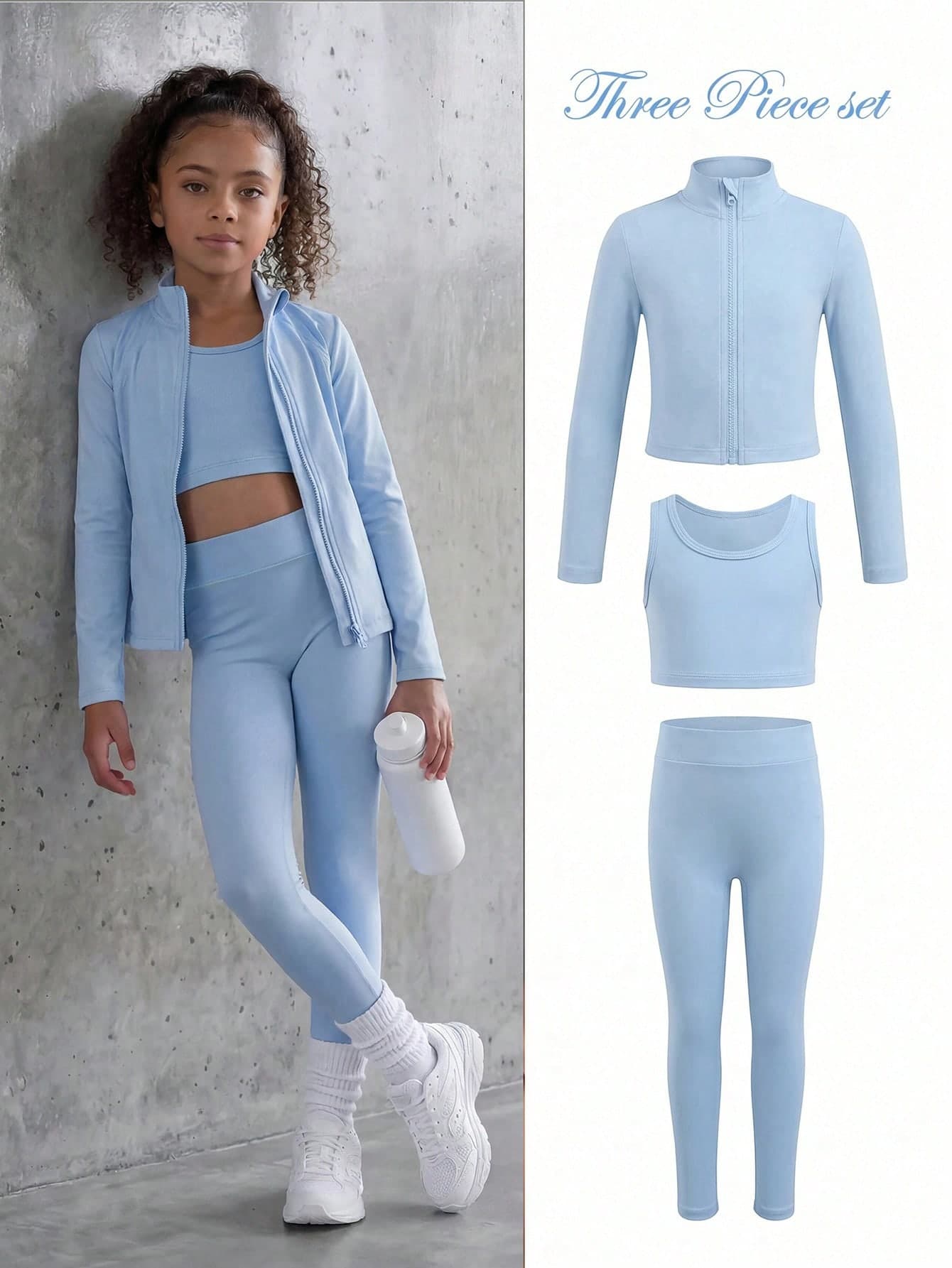 SHEIN Young Girls Fashion Casual Blue 3 Pieces Set, Stylish Comfortable High Elasticity, Suitable For Sports, Exercise, Outdoor Activities, Shopping, Etc.