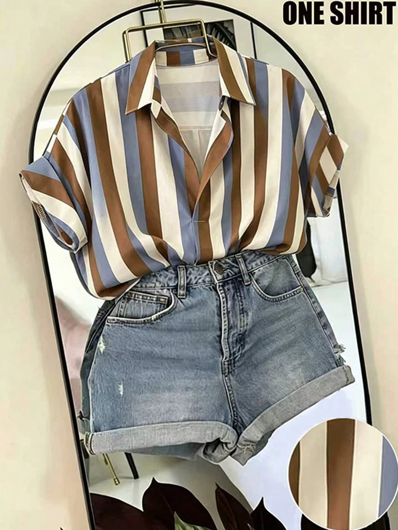 SHEIN Franclia Fashionable High-End French Design Loose Batwing Sleeve Striped Collar Women's Shirt, Women's Spring/Summer Top, Short Sleeve Top, Spring Clothing, Summer Outfit, Vacation, Outing, Y2K, Spring, Summer, Back To School, Casual, Beach, Business, Versatile, Sexy, Women's Striped Shirt