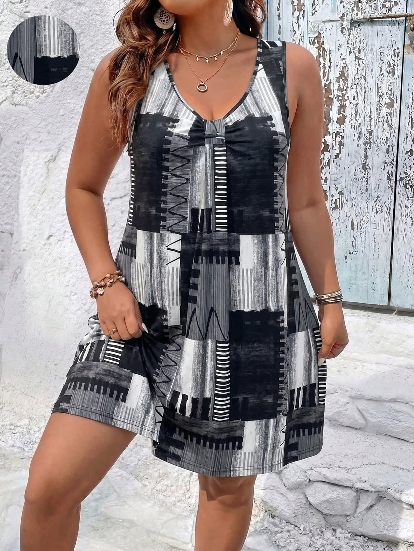 SHEIN LUNE Plus Size Women's Summer Asymmetric Line Multicolor Gradient Print Spaghetti Strap Plus Size A-Line Vacation Sleeveless Holiday Dress