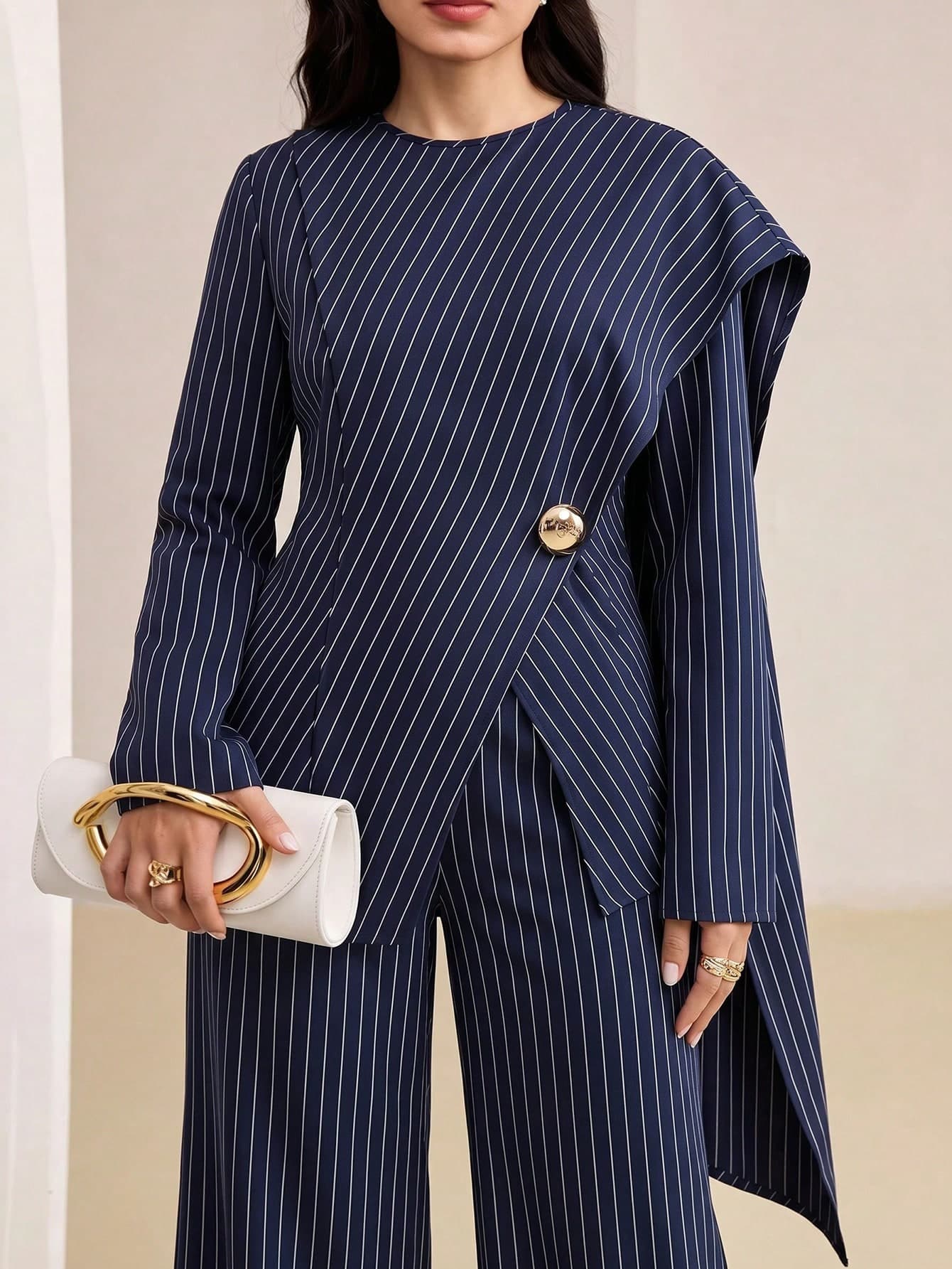 Veilorie Plus Size Fashion Party Business Date Night Office Cocktail Evening Navy Blue Asymmetric Top And Pants Two Pieces Set Autumn Elegant Casual