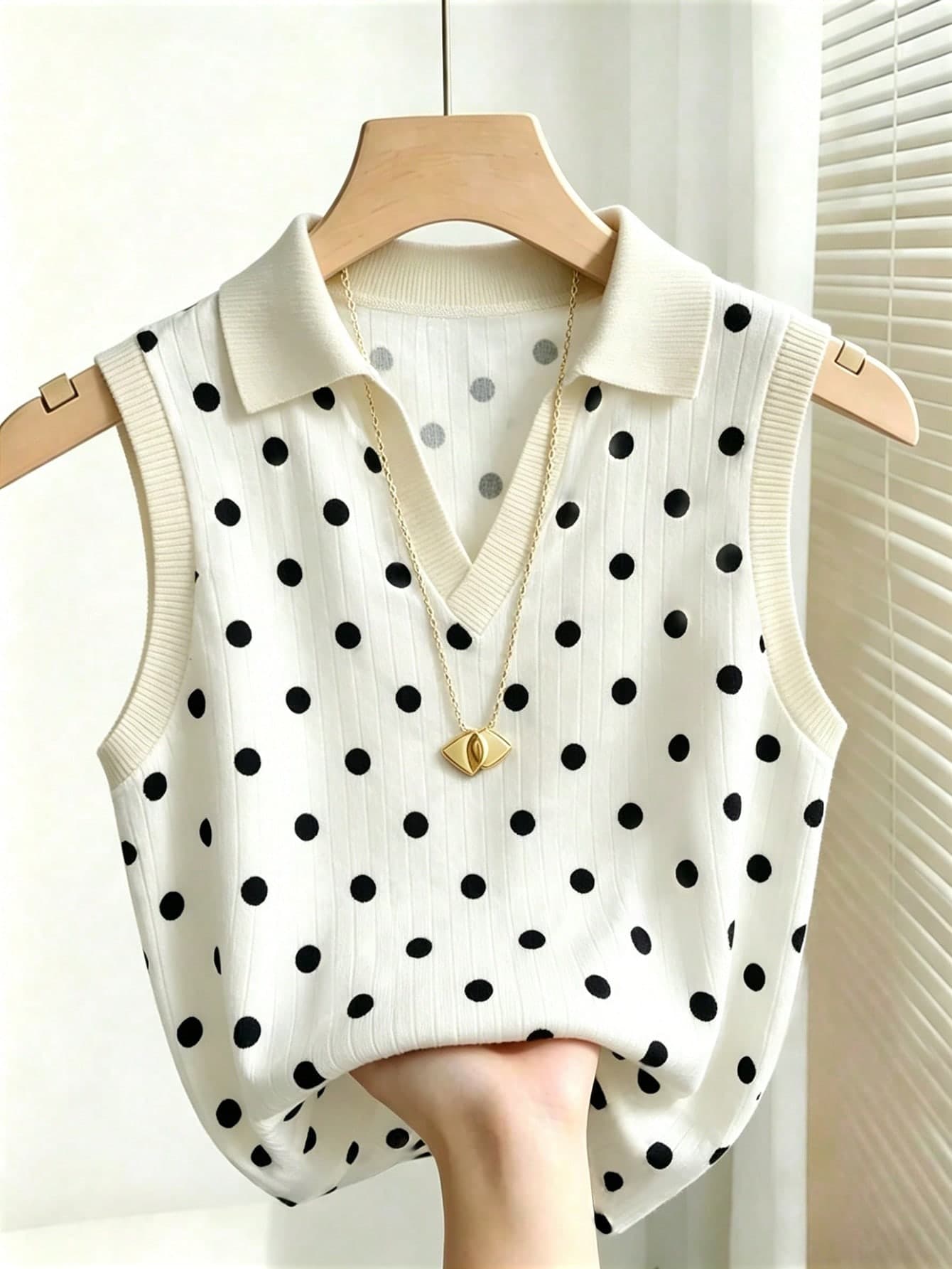 Franclia Women's Casual Elegant Intellectual Lapel Polka Dot Print Knit Tank Top, Daily Casual Commute Home Summer Sleeveless Tank Top Fashion Top