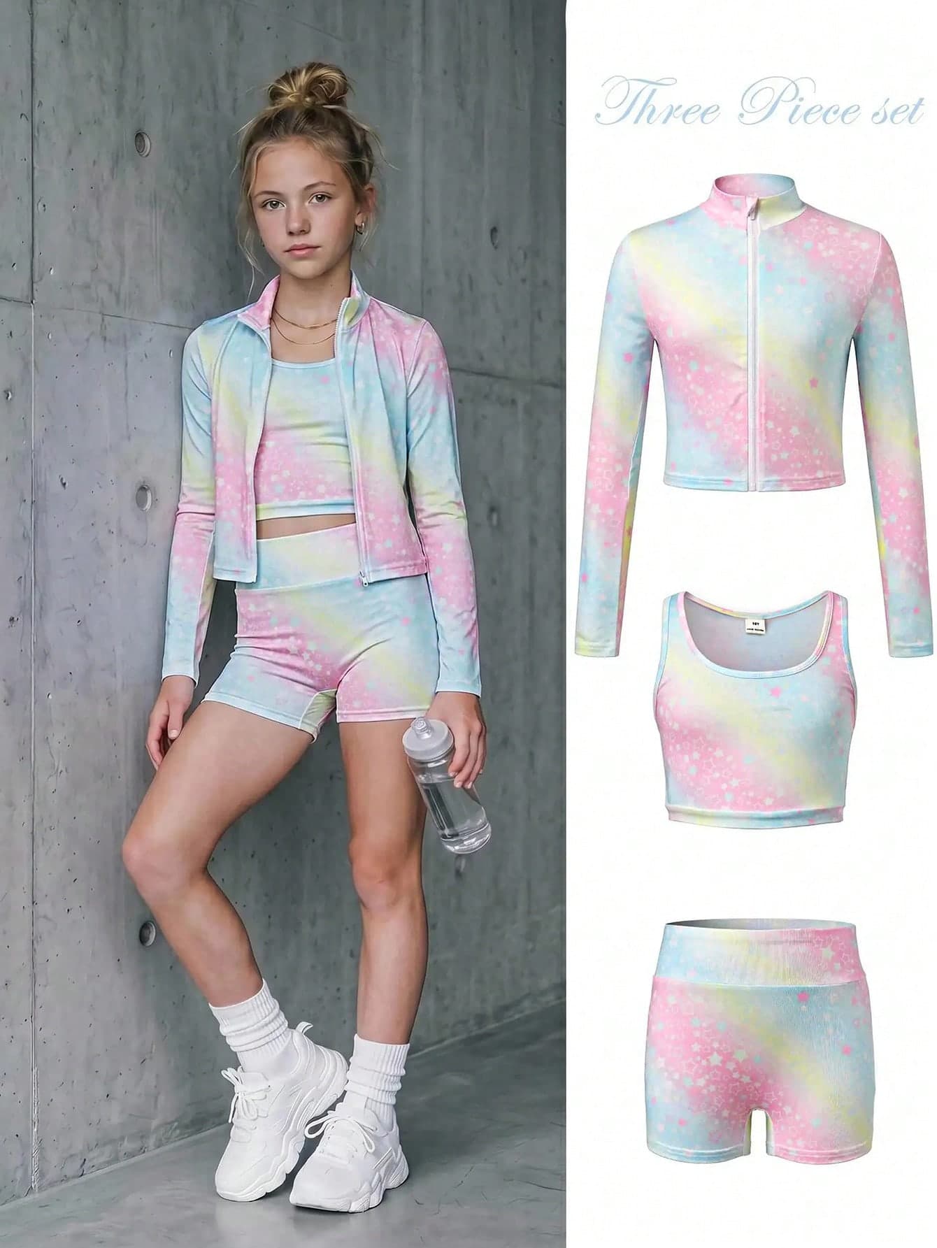 SHEIN Tween Girl Long Sleeve Stand Collar Zipper Front T-Shirt Vest Cycling Leggings 3pcs Sports Set