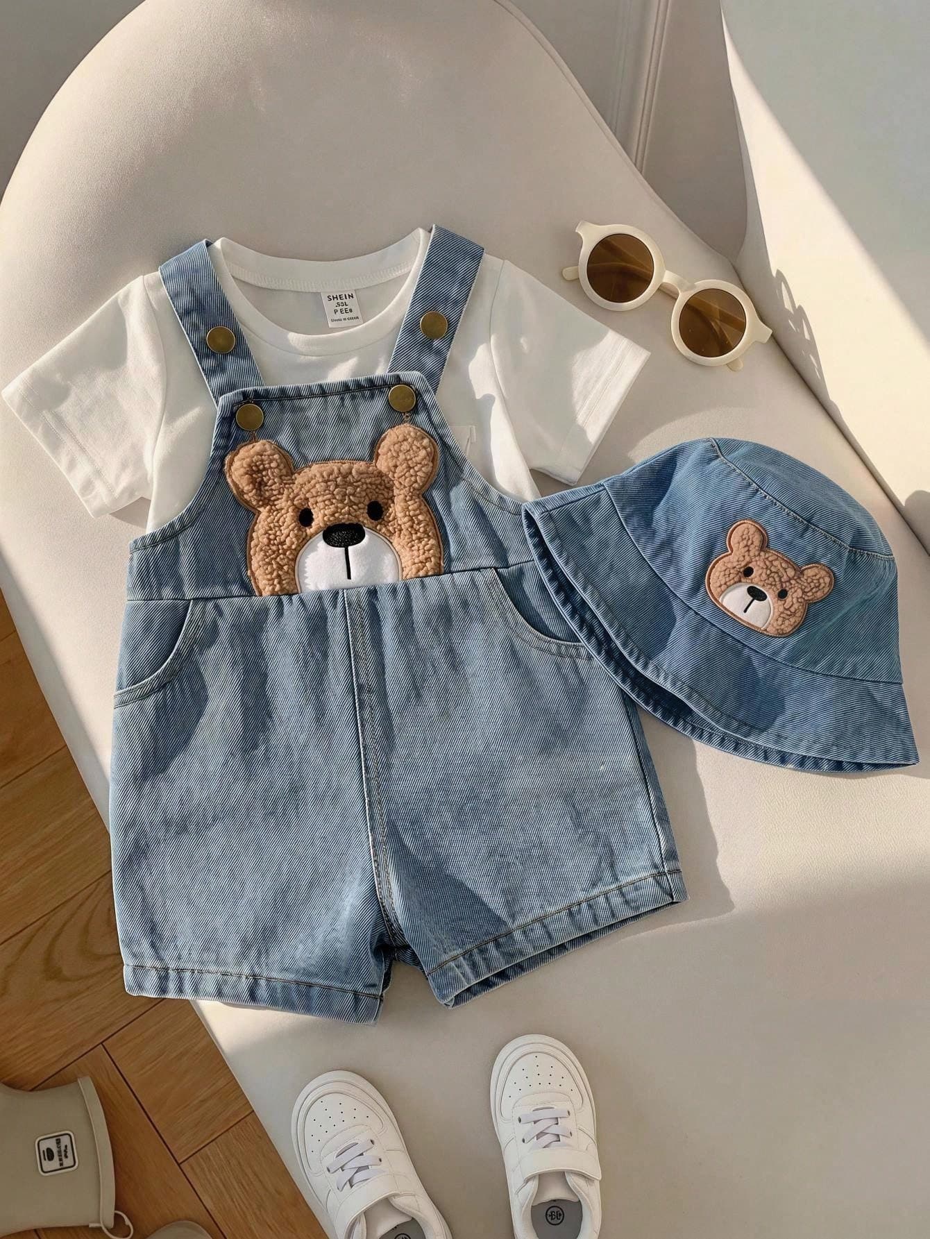 SHEIN Baby Boy Baby Girl Summer Casual Cute Denim Overalls Bear Overalls Cute Overalls