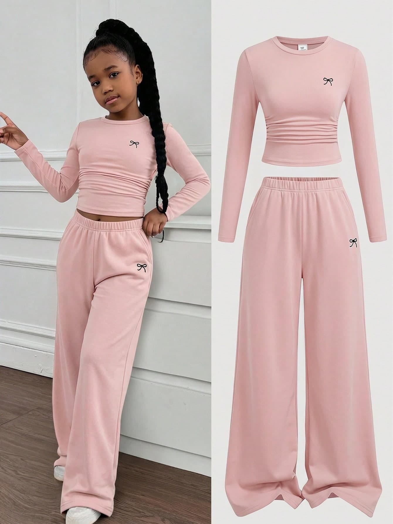 SHEIN Tween Girl Tween Girls Versatile Bow Pattern Long Sleeve Long Pants Light Gray 2 Pieces Set