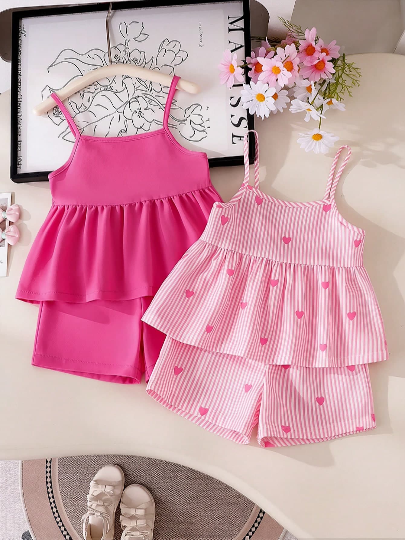 SHEIN Elladie kids Girls' 2pcs Set: Pink Heart Stripe Print Camisole Top & Fuchsia Solid Shorts, Summer Fresh & Comfortable Outfit For Outings