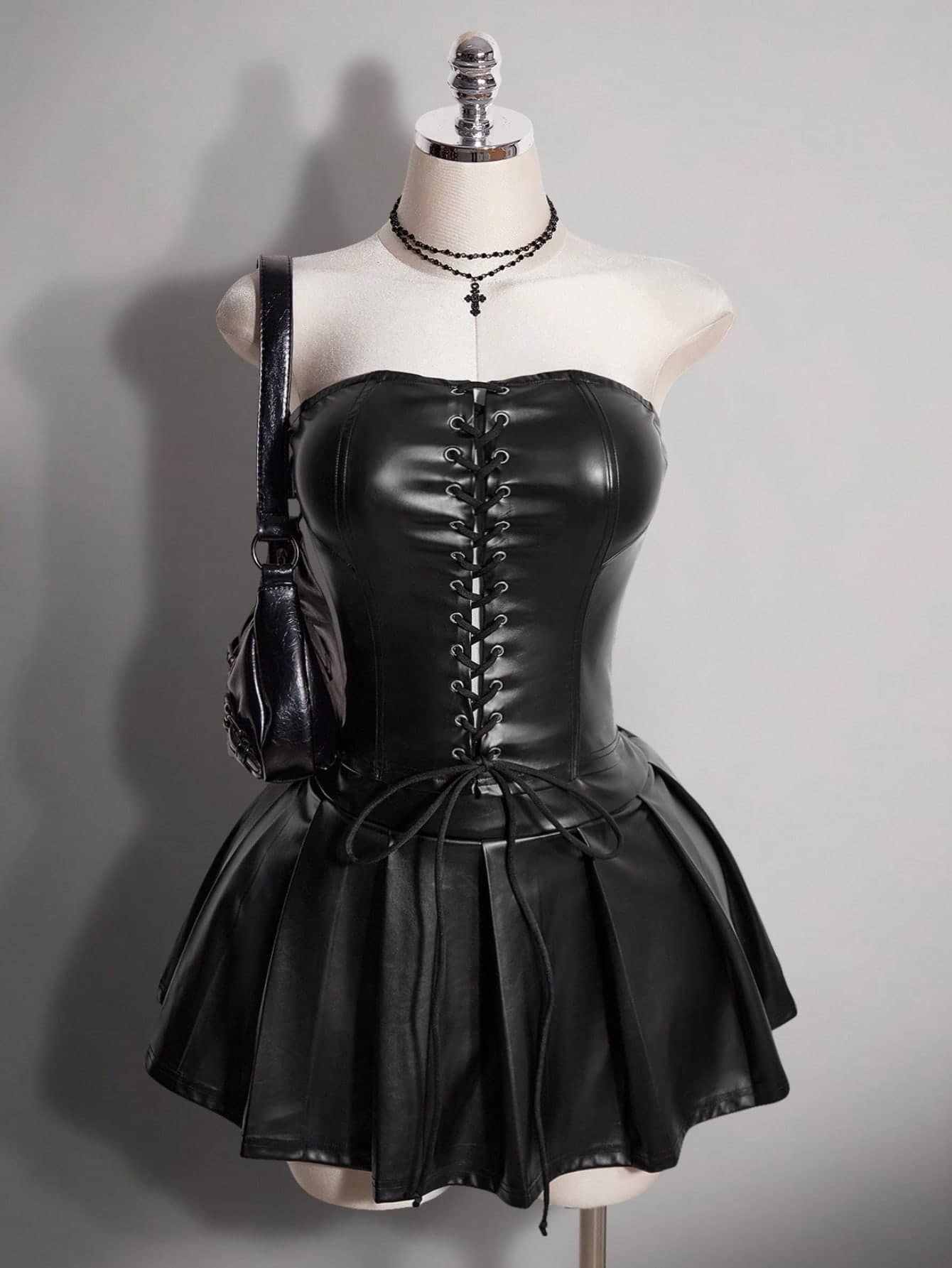 SHEIN ICON Plus Size Retro Sexy Casual Street Style Bold Avant-Garde Millennium Style Y2K Black Stretch Leather Lace-Up Pleated Black Strapless Dress Club Autumn