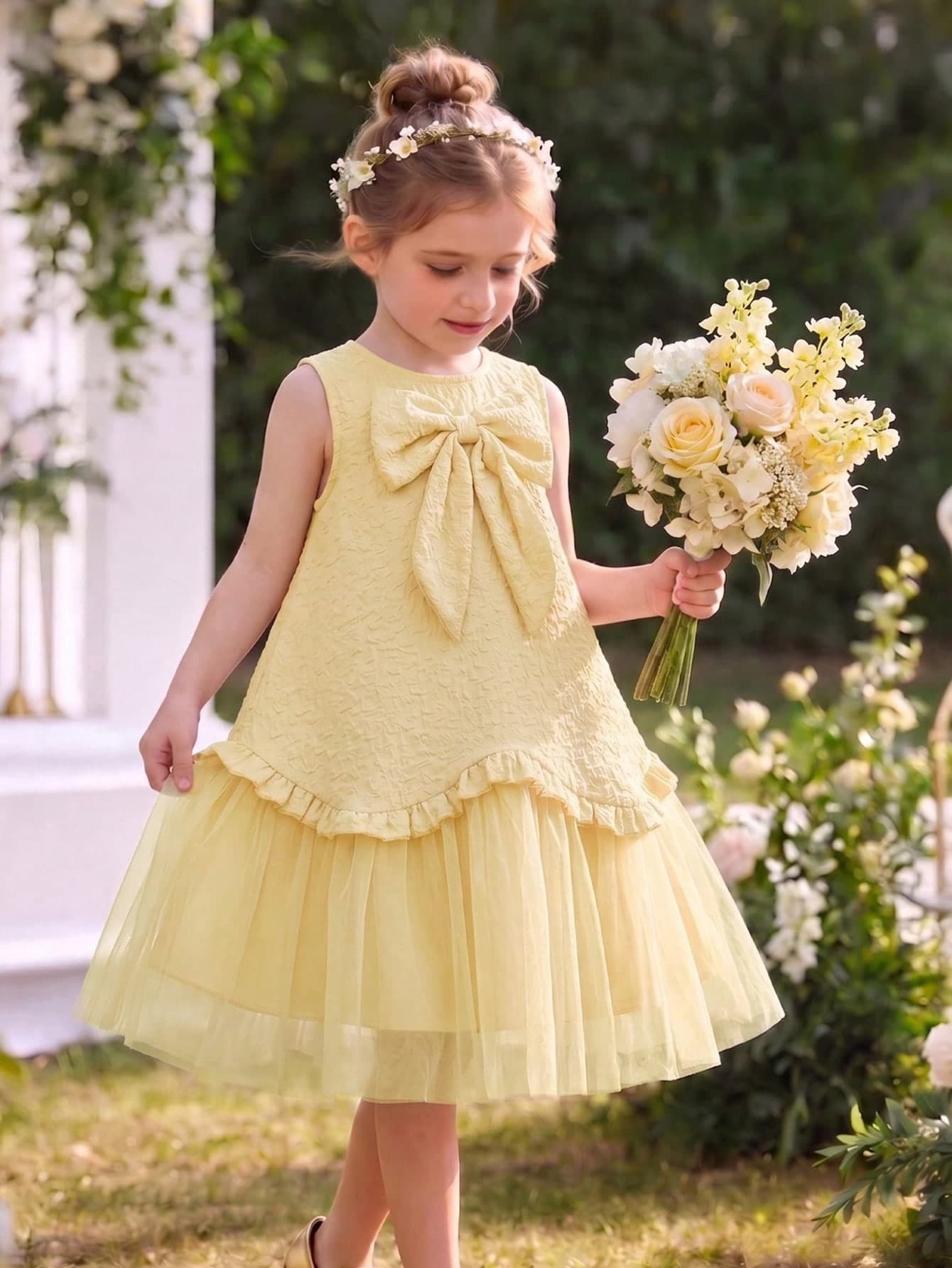 Elladie kids Summer Girls Elegant Sleeveless Yellow Jacquard Dress With Mesh Lace Bow, Suitable For Girls, Party, Gathering, Daily Wear