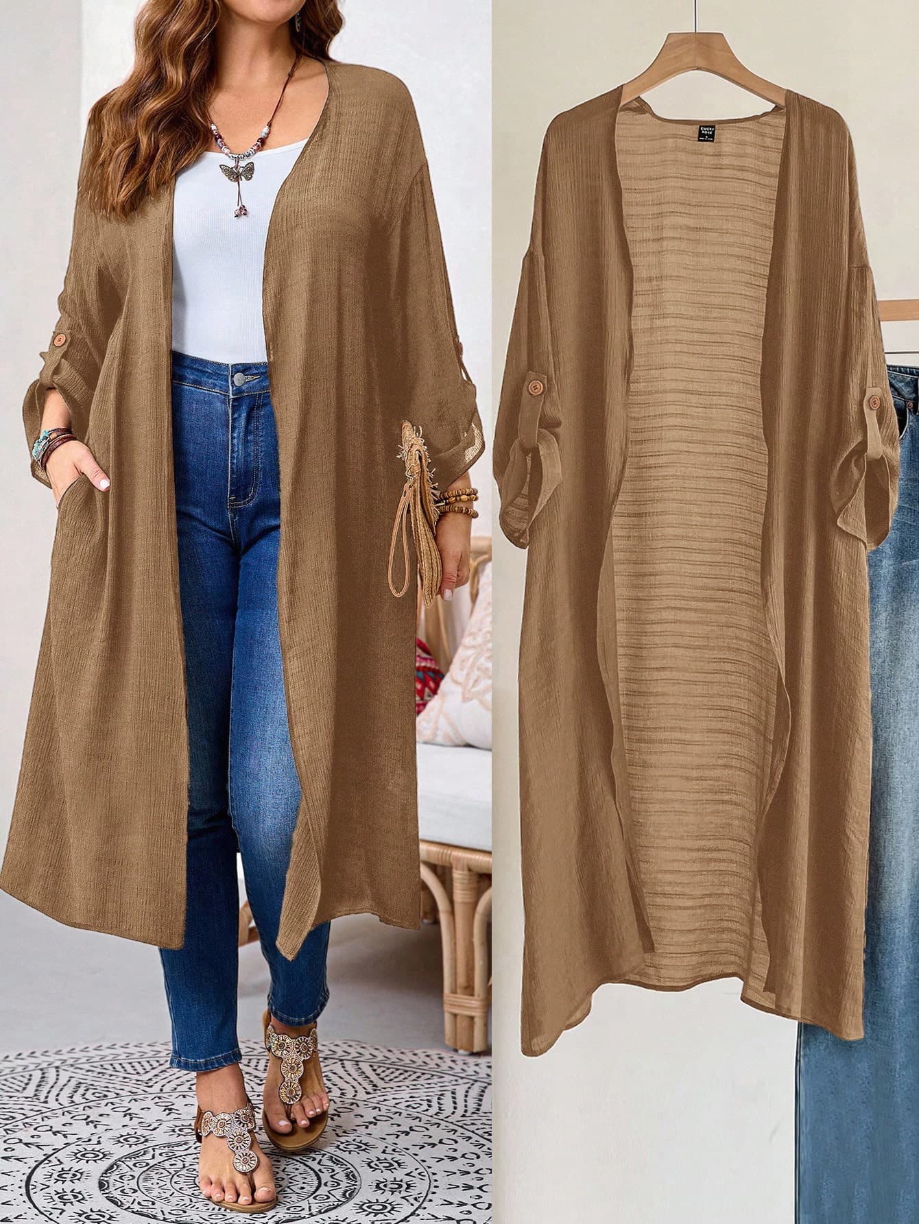 EMERY ROSE Plus Size Women's Solid Color Rolled Sleeve Pocket Casual Long Coat