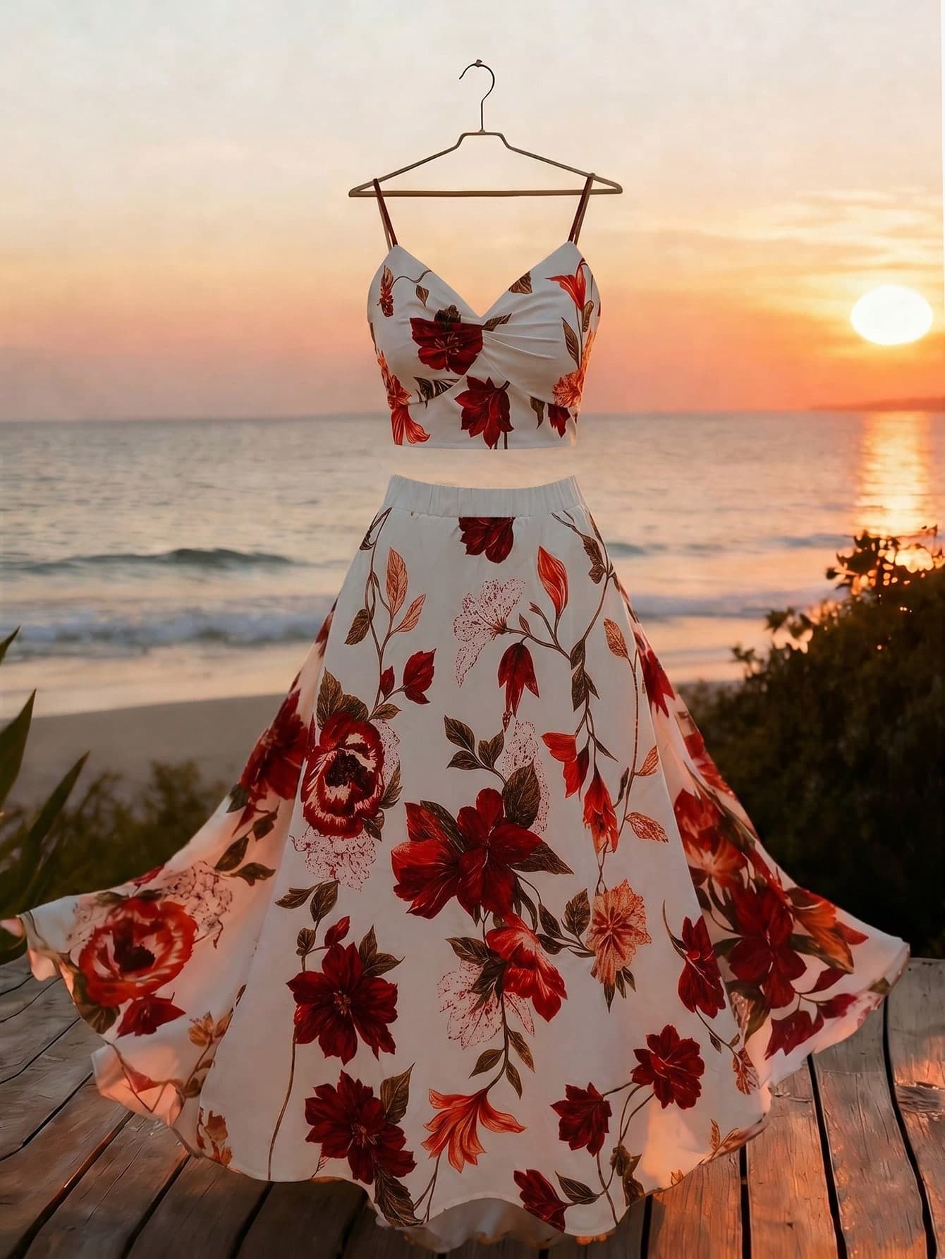 GlowEve CURVE Plus Size 2-Piece Set Camisole Top And Skirt, Floral Fashion Vacation Beach Date Sexy Slimming Maxi Skirt