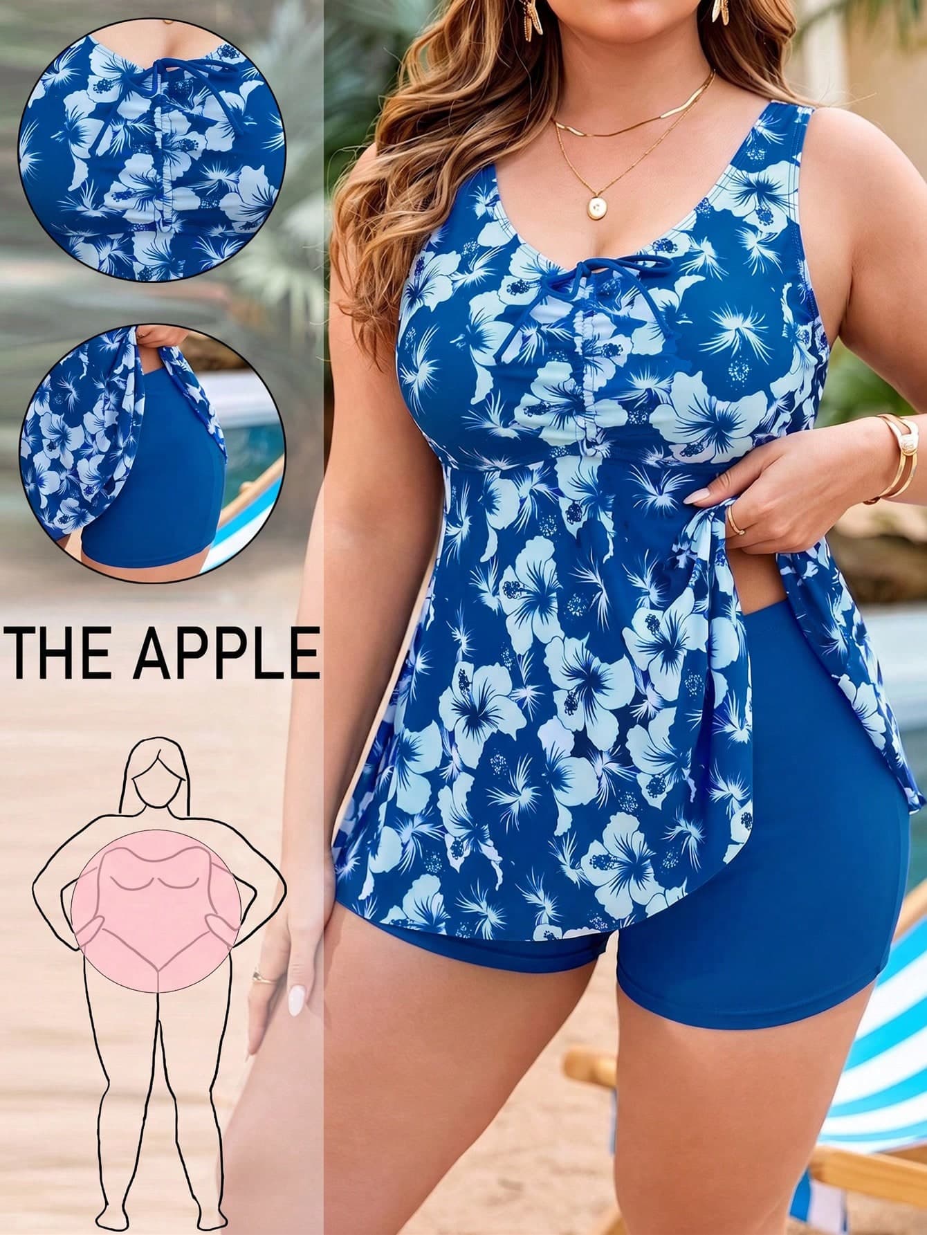 Swim Mod Plus Size Women 2pcs Set Random Print Tank Top Drawstring Front Tummy Control Slimming Minimalist Vacation Beach Swimsuit Set