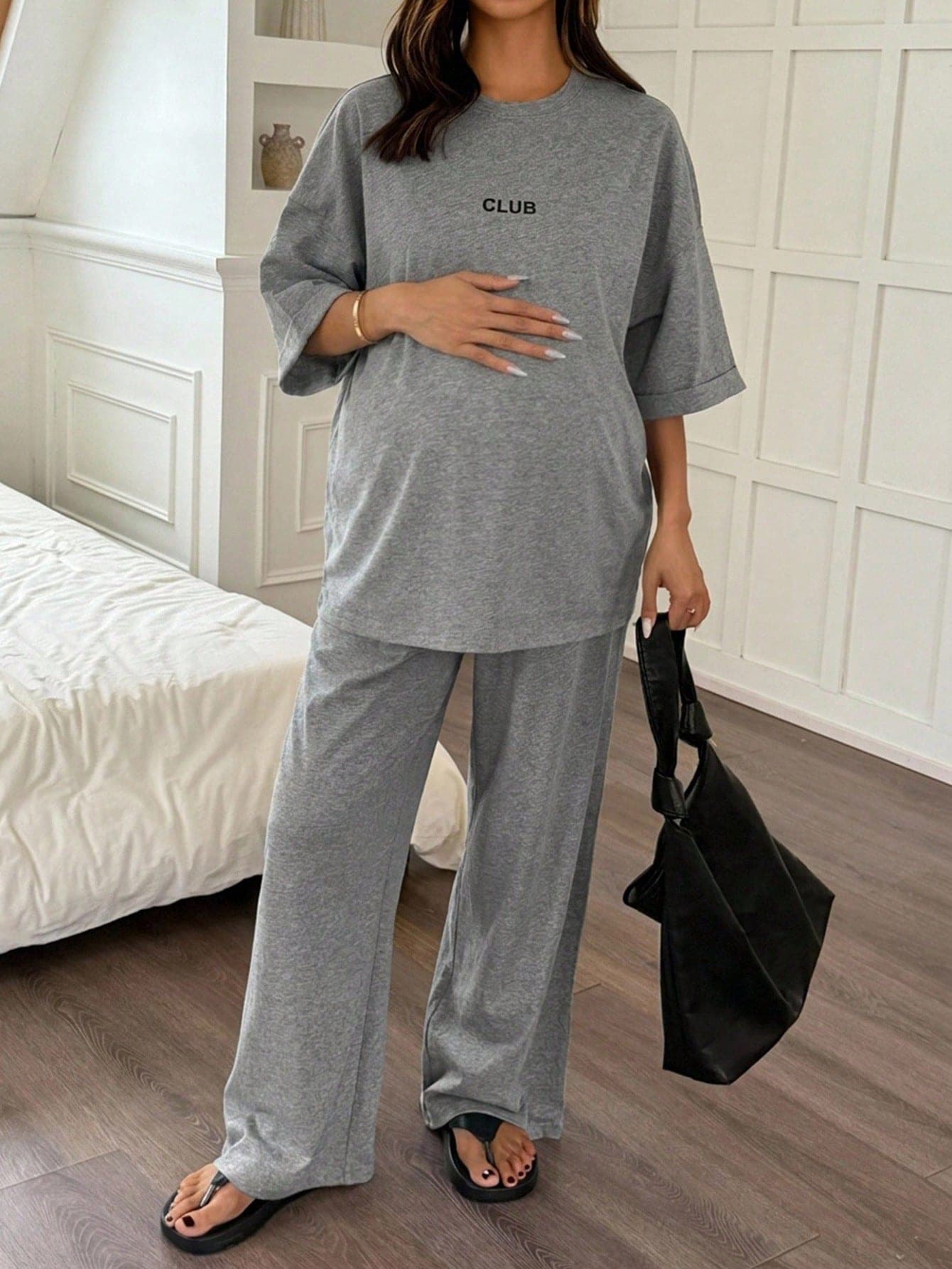 DAZY Loose Knit Round Neck Short Sleeve Top With Adjustable Maternity Pants Long Casual Spring Summer Daily Streetwear Outfit Maternity 2 Pieces Set