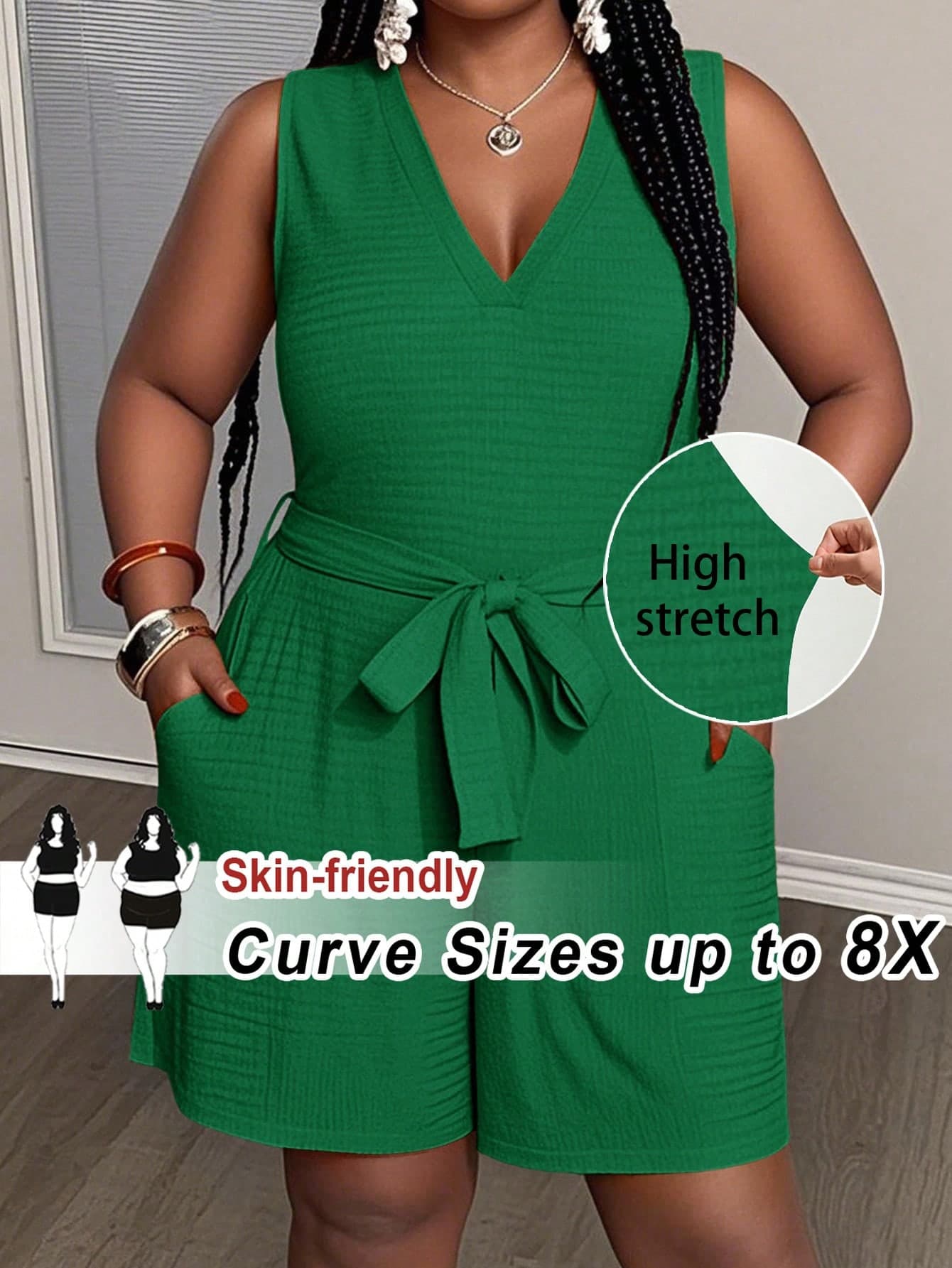 SHEIN CURVE+ New Model/Rave/Easter Outfit For Women/Old Money Style For Women/Country Concert Outfit/Going Out Outfits/Fairycore/Festival Outfits/Tropical Vacation Clothing For Women/Summer Outfits For Women/Summer/Rave/European Summer/Spring Outfits/Western Wear Plus Size Women/Concert/Graduation Outfit/Versatile Daily Simple Casual Basic Beach Elegant Textured Fabric Sleeveless Romper With Pockets And Belt Plus Size Romper Green Romper Plus Size Jumpsuit Women Plus Size Jumpsuit Plus Size Shorts Set