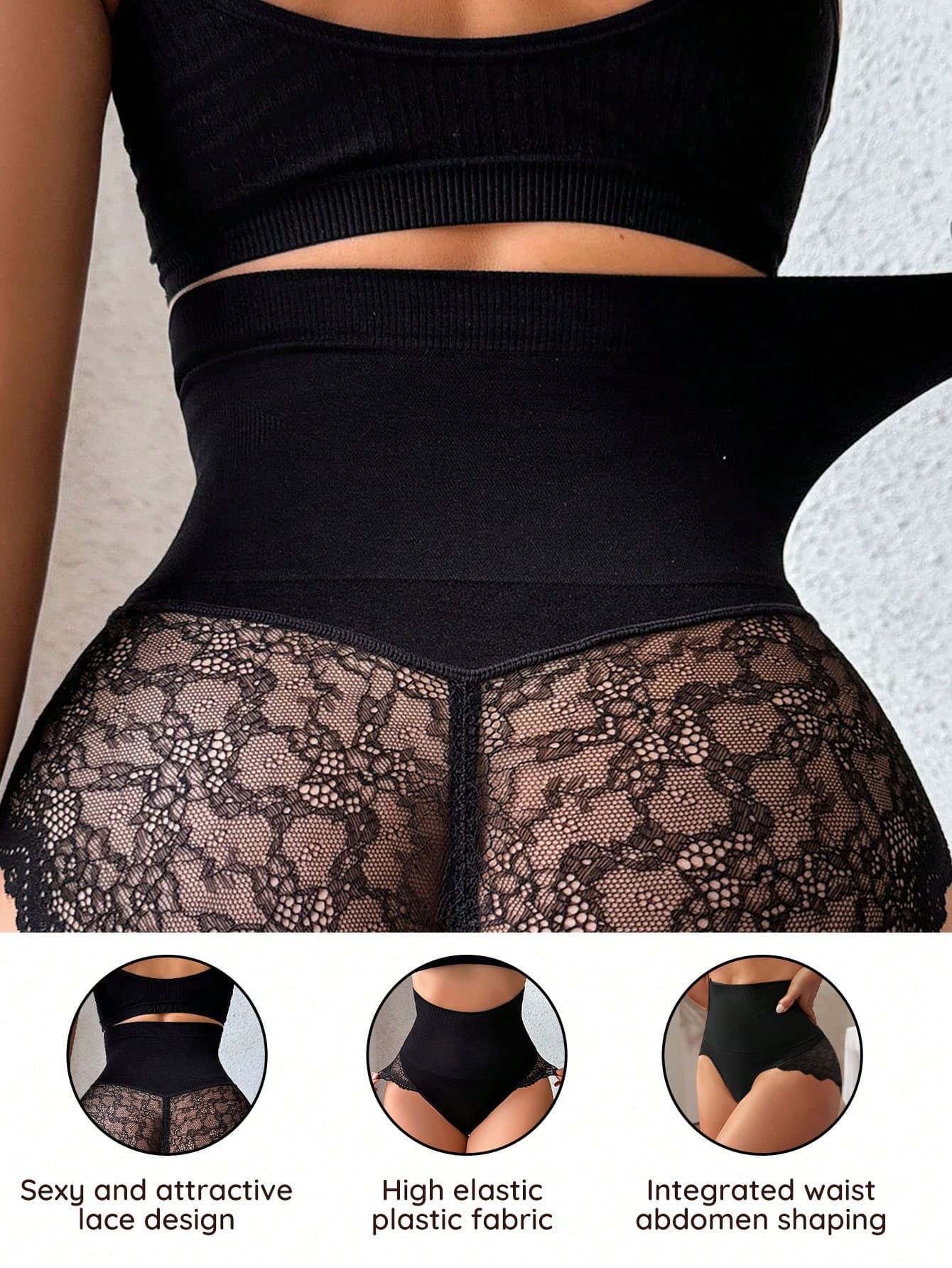 SHEIN Women's Lace Patchwork Seamless Shapewear Panty, Breathable Tummy Control Underwear