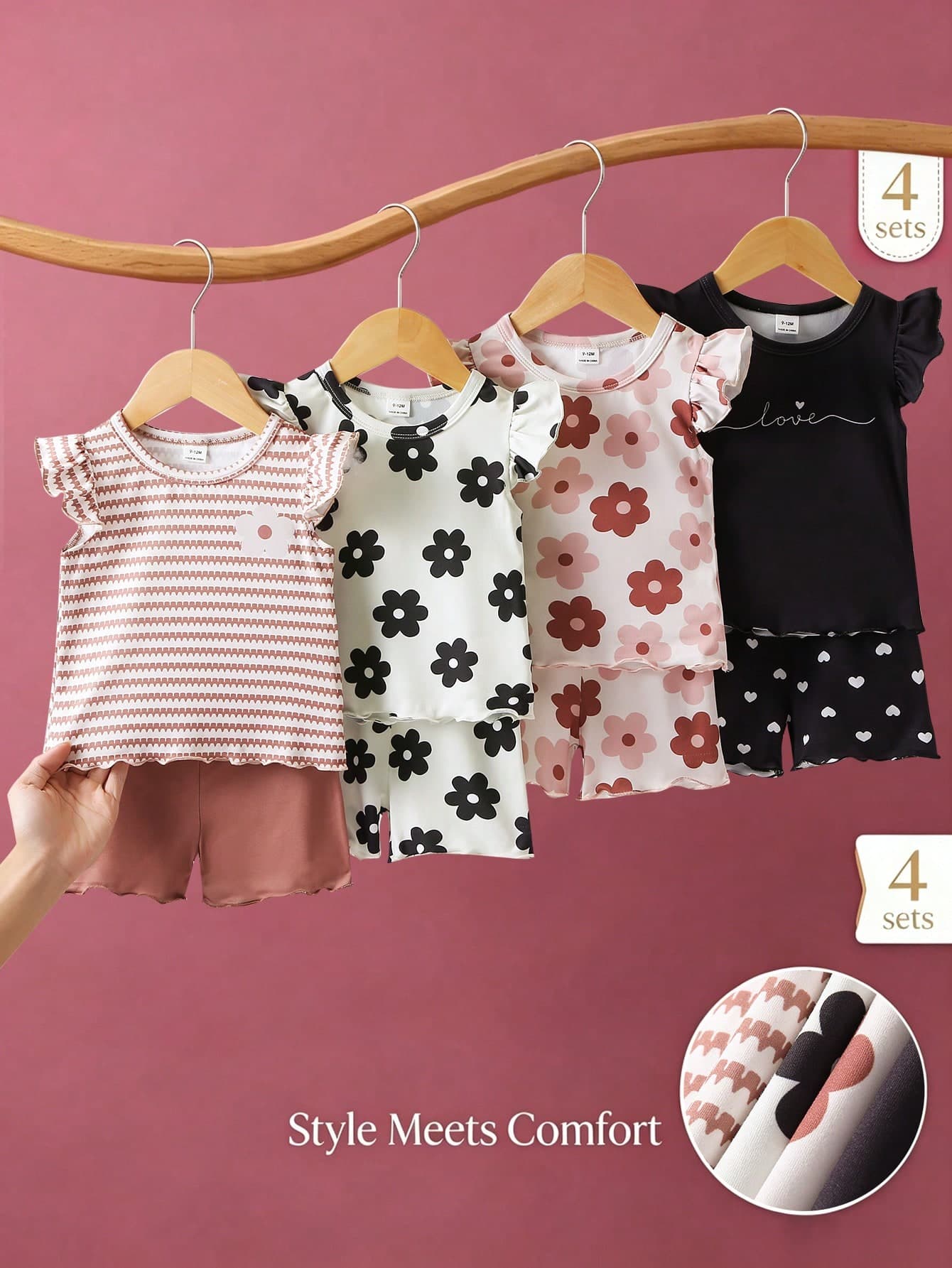 SHEIN Playful Pals Girls' Summer Sweet Floral Flutter Sleeve Set, Multiple Colors Available, Ruffle Edge Print T-Shirt + Shorts 2-Piece Set, Skin-Friendly Korean Style Baby Girl Clothing