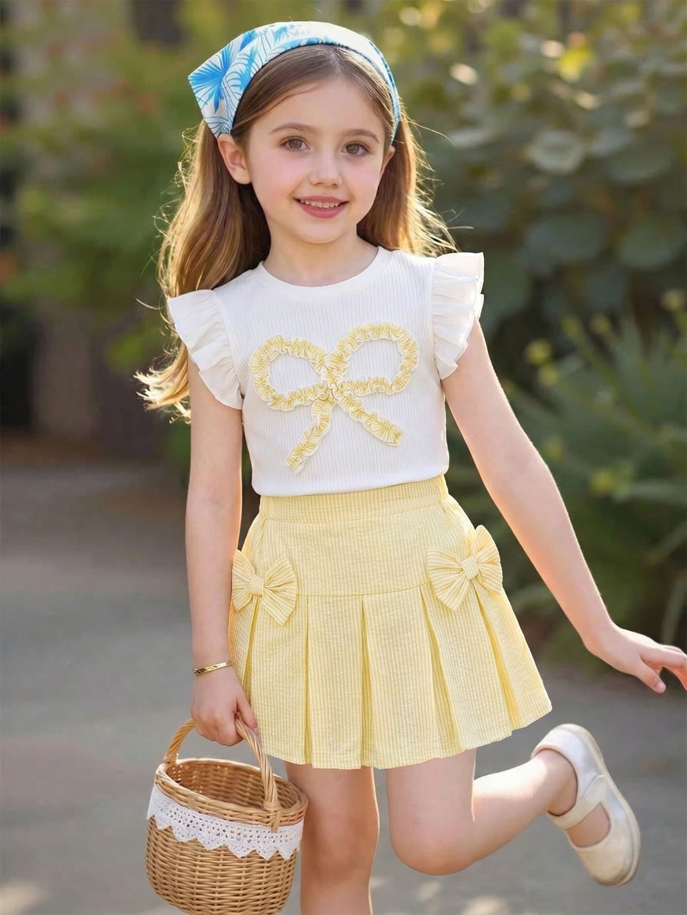 Elladie kids Girls' Spring/Summer White Knit Round Neck Flutter Sleeve Front Blue Bow Decor T-Shirt Top Blue Woven Plain Half Elastic Waist 2 Bows Decor Skirt Set